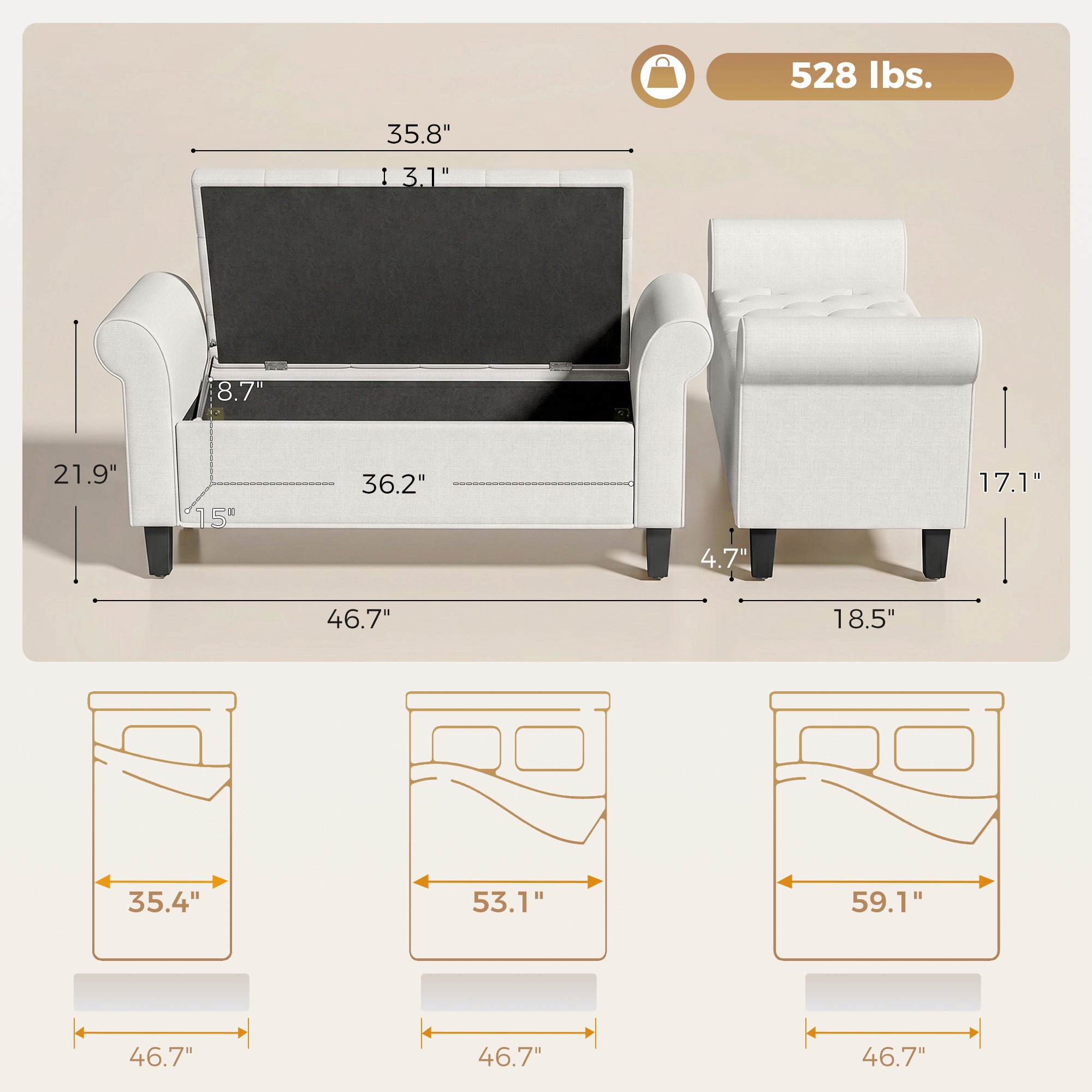 47" Storage Ottoman Bench, Tufted Long Ottoman with Storage Chest, Rolled Arms, Safety Hinge, Wooden Legs, Upholstered End of Bed Bench, 528 lbs for Bedroom, Entryway, Living Room, Cream White