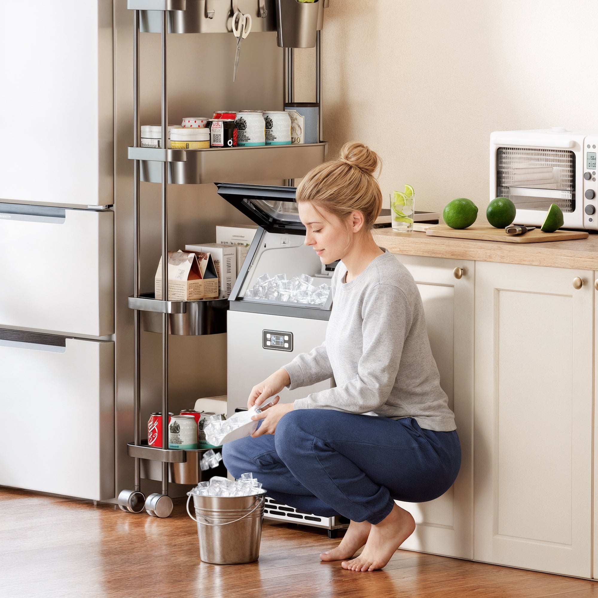 Commercial Ice Maker Machine, Freestanding Stainless Steel Ice Machine with Self-Cleaning, LCD Display, 45kg/24 Hours and 11kg Storage for Home, Office, Bar, Restaurant