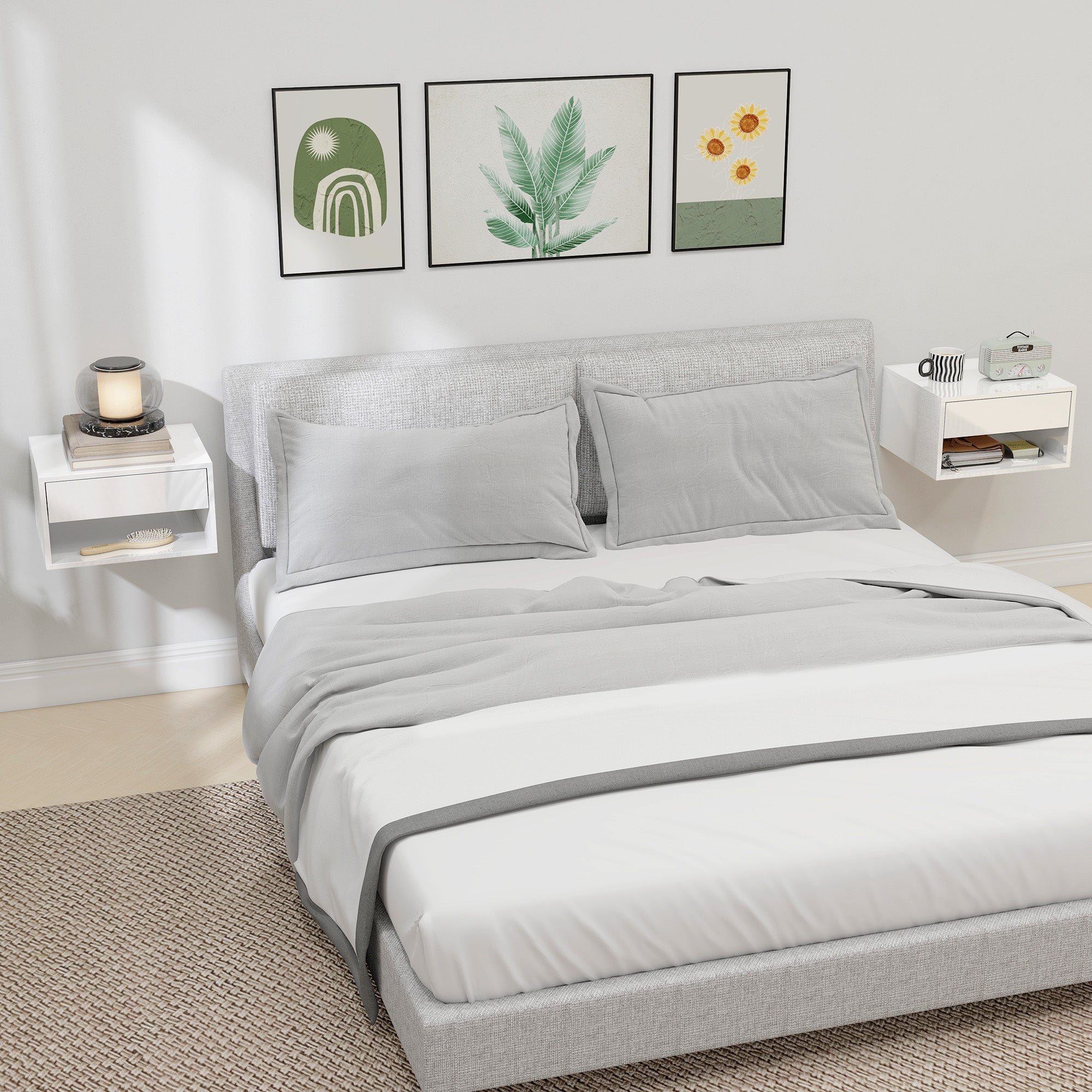 Floating Bedside Tables Set of 2, Wall-Mounted Nightstand with Drawer and Open Shelf for Bedroom, High Gloss White