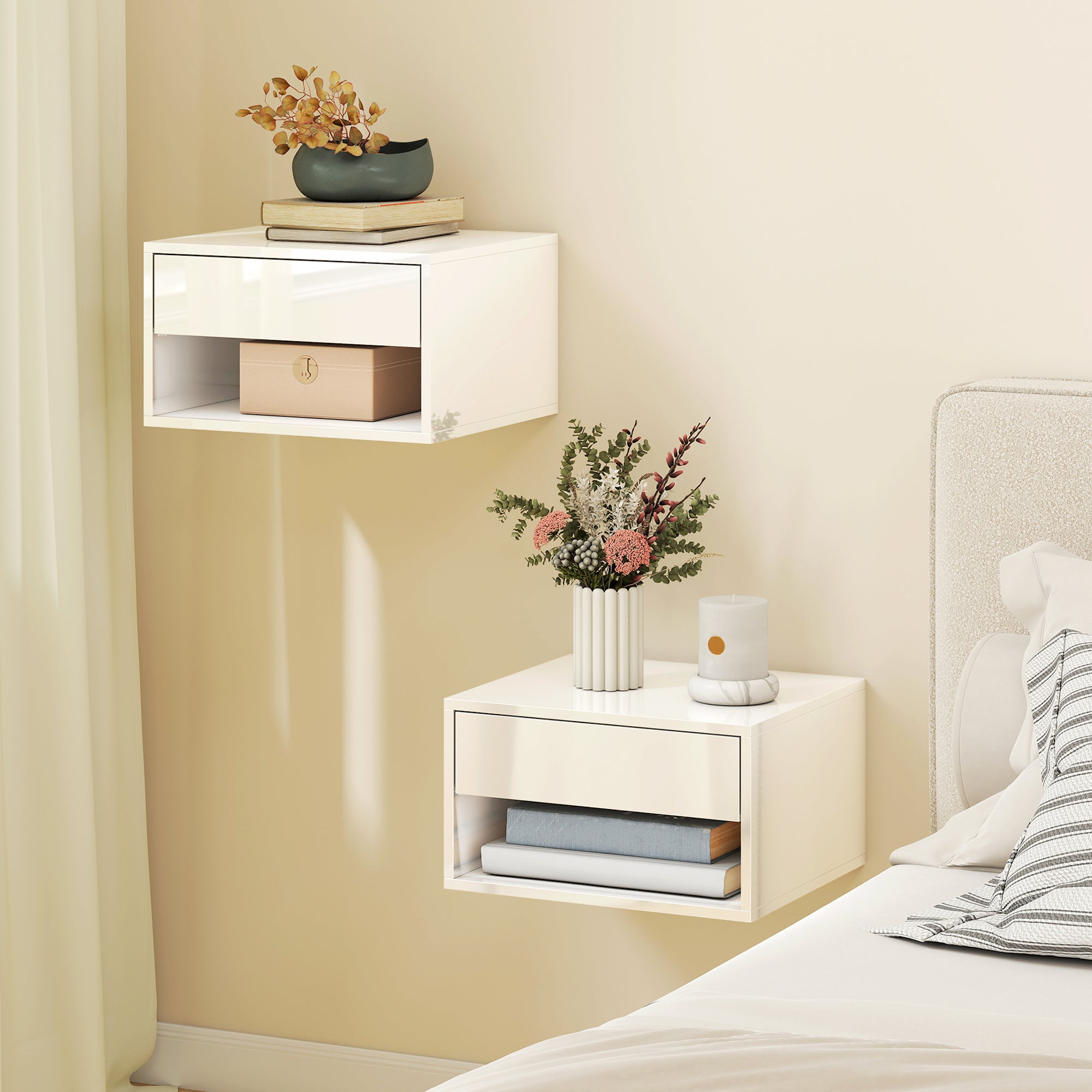 Floating Bedside Tables Set of 2, Wall-Mounted Nightstand with Drawer and Open Shelf for Bedroom, High Gloss White