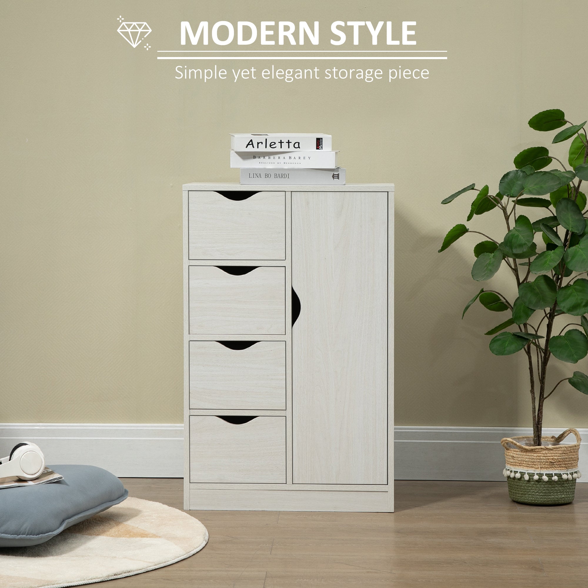 Freestanding Storage Cabinet, Floor Cabinet w/ 4 Drawers & Door, White Wood Grain