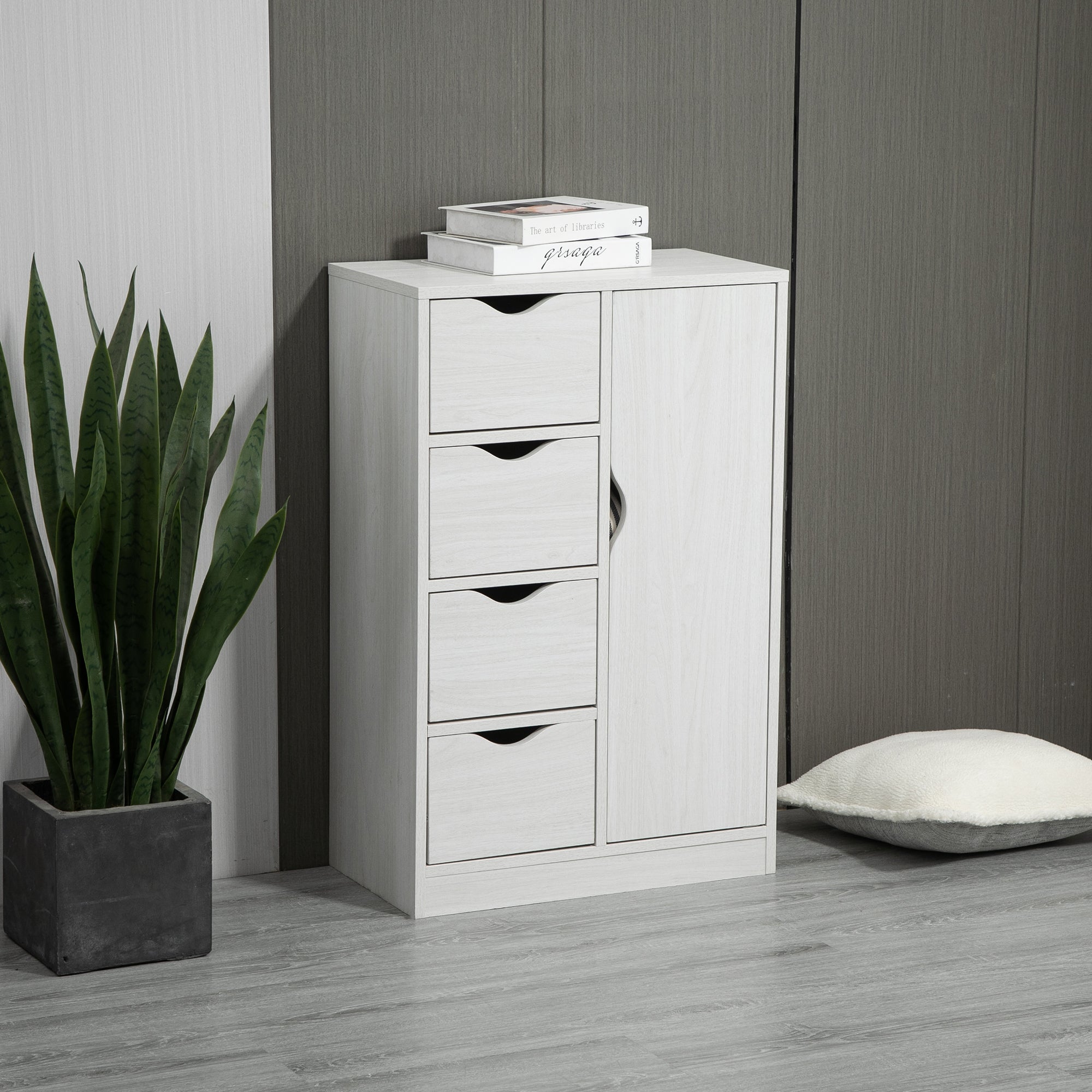 Freestanding Storage Cabinet, Floor Cabinet w/ 4 Drawers & Door, White Wood Grain