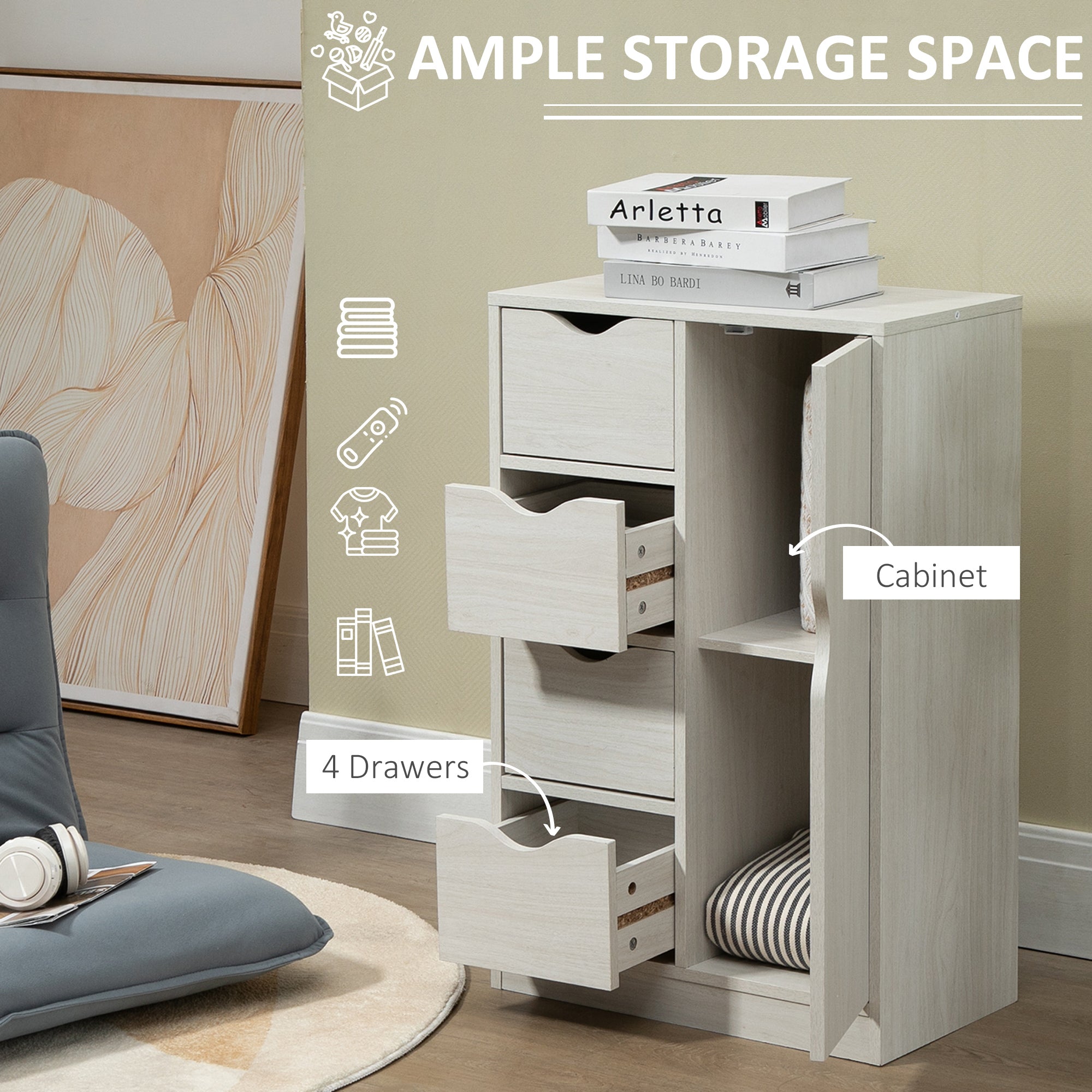 Freestanding Storage Cabinet, Floor Cabinet w/ 4 Drawers & Door, White Wood Grain