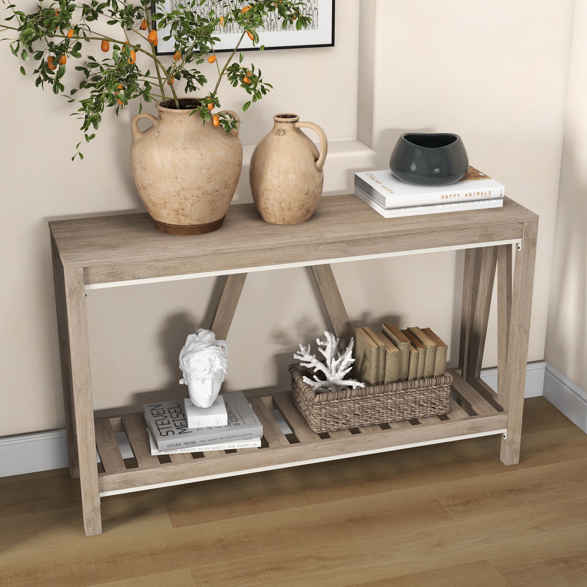 Farmhouse Console Table with Storage Shelf, Entryway Table for Living Room, Gray - HOMCOM
