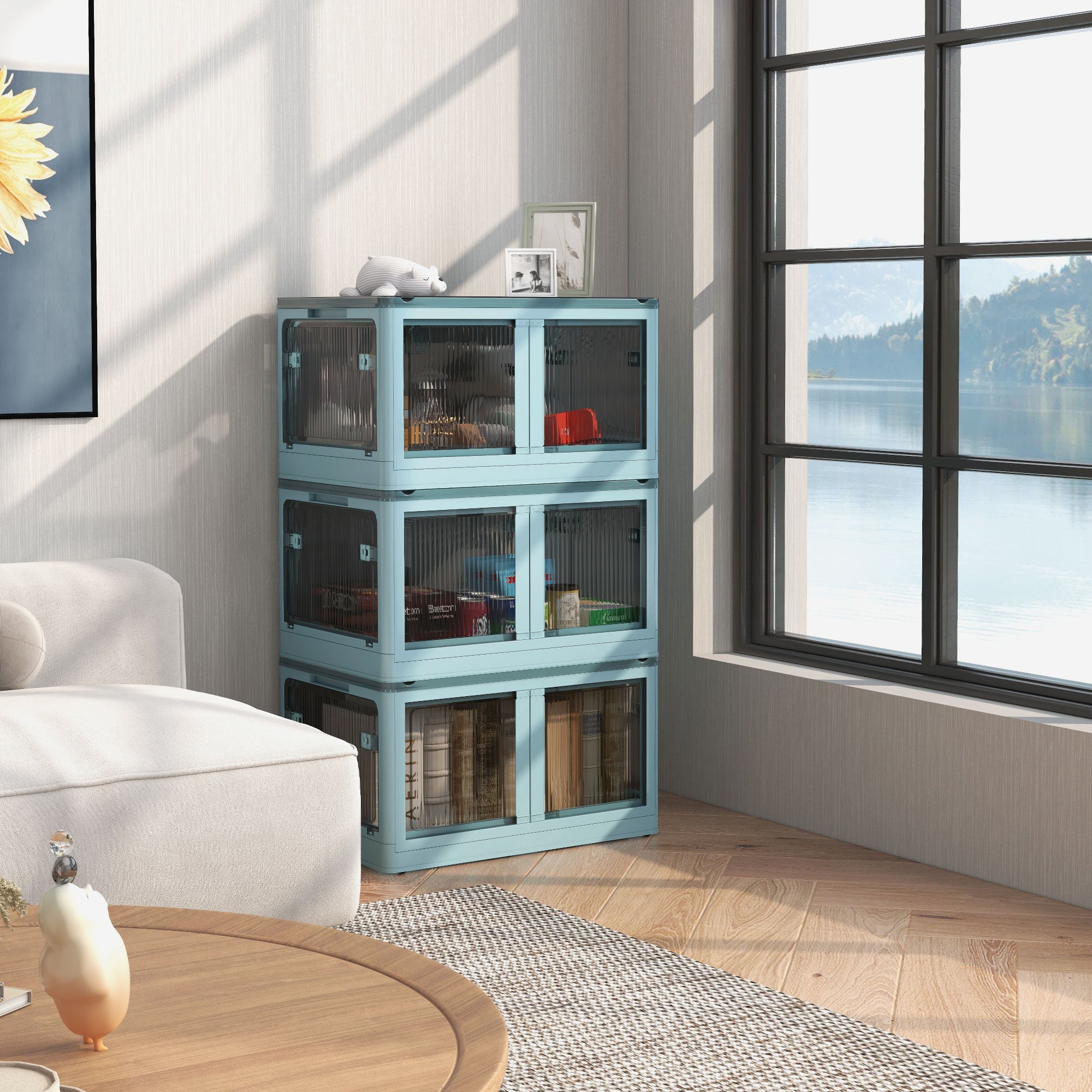 3 Packs of Collapsible Stackable Storage Bins with Lids Wheels 18 Gal Blue