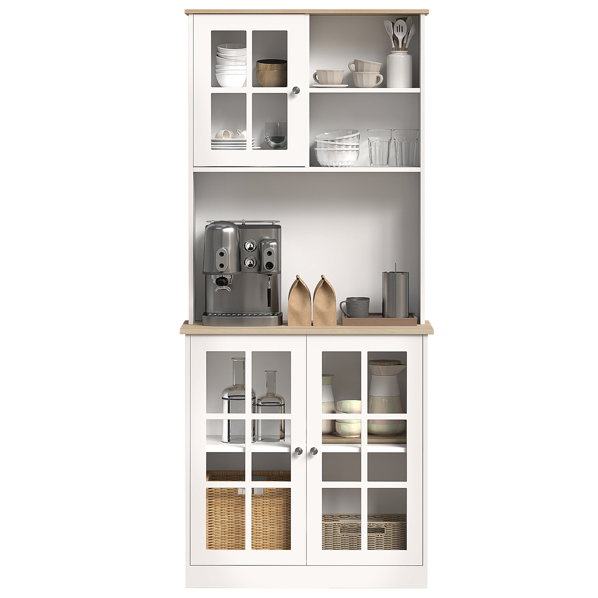 Freestanding Kitchen Cupboard, Storage Cabinet with Doors and Adjustable Shelves, Counter Top, Grid Glass Doors, 80L x 37W x 183H cm - White