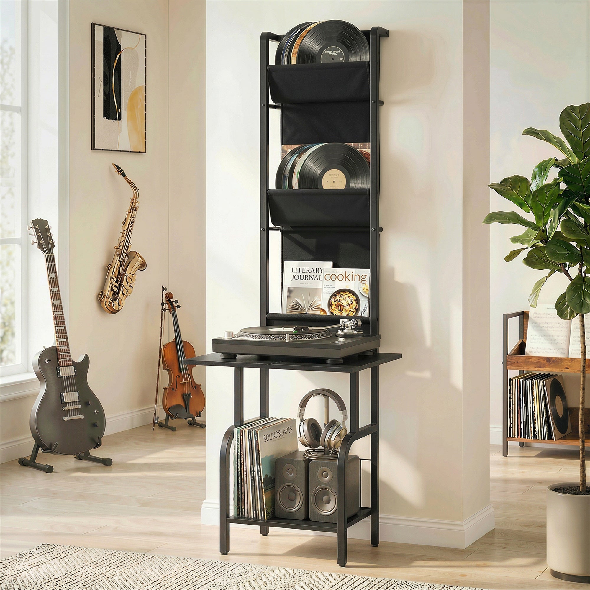 Vinyl Record Storage with Player Stand, Turntable Stand and Display Shelf, CD Storage Unit for Up to 40 CDs, Record Player Table for Living Room or Bedroom, Black