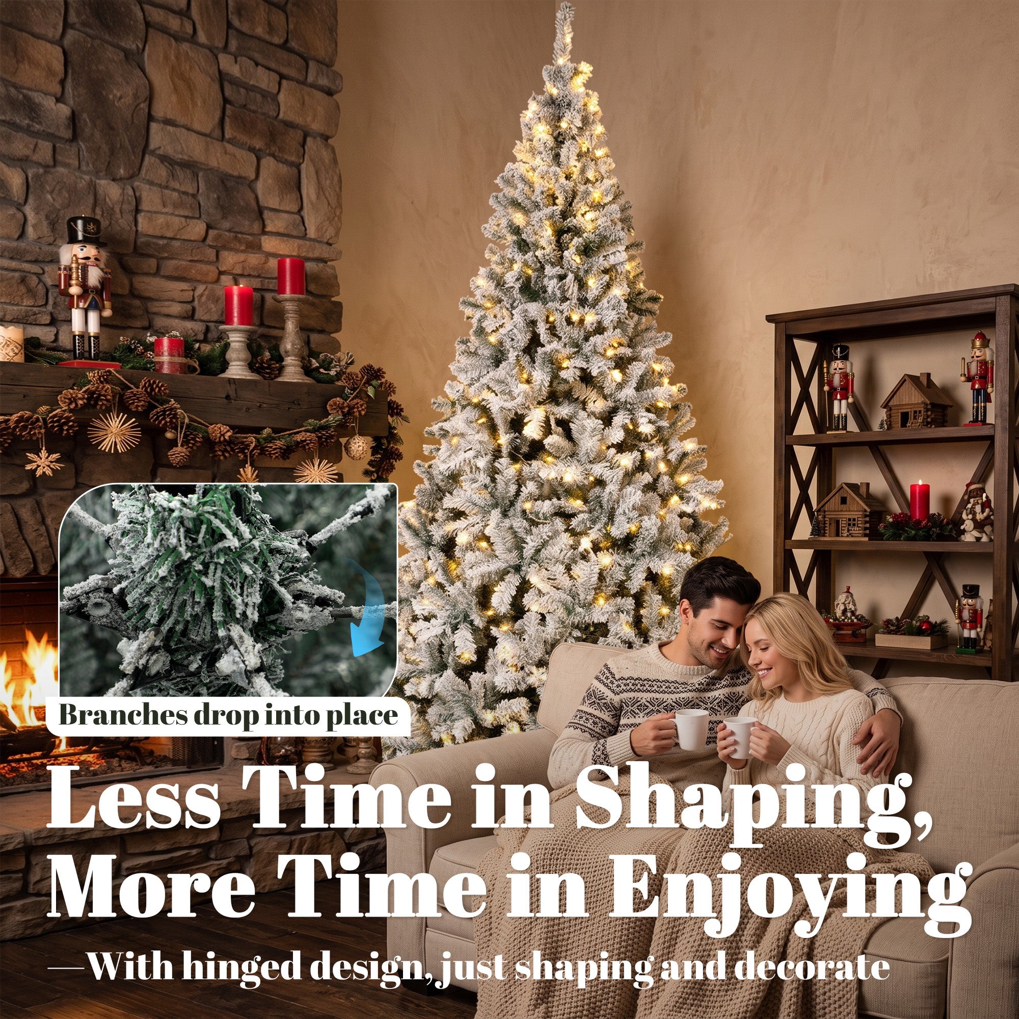 9ft Flocked Prelit Christmas Tree, Fraser Fir, Hinged Xmas Tree with 1852 Branch Tips, 600 Warm White LED Lights, Foldable Metal Base for Indoor Holiday Decor, Green White