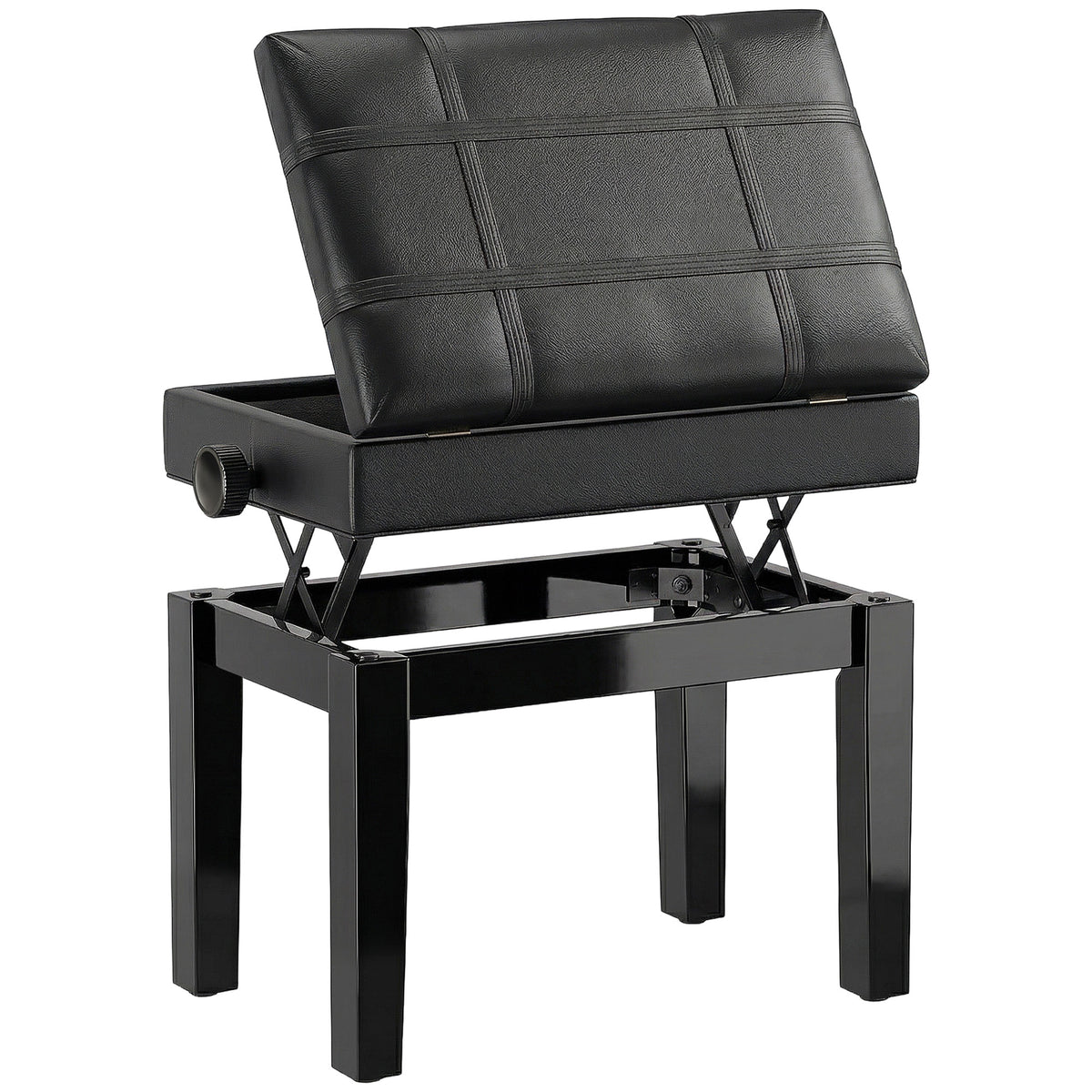 24.8" Adjustable Piano Bench with Padded Cushion and Storage, Faux Leather Keyboard Bench with Solid Wood Legs, Black