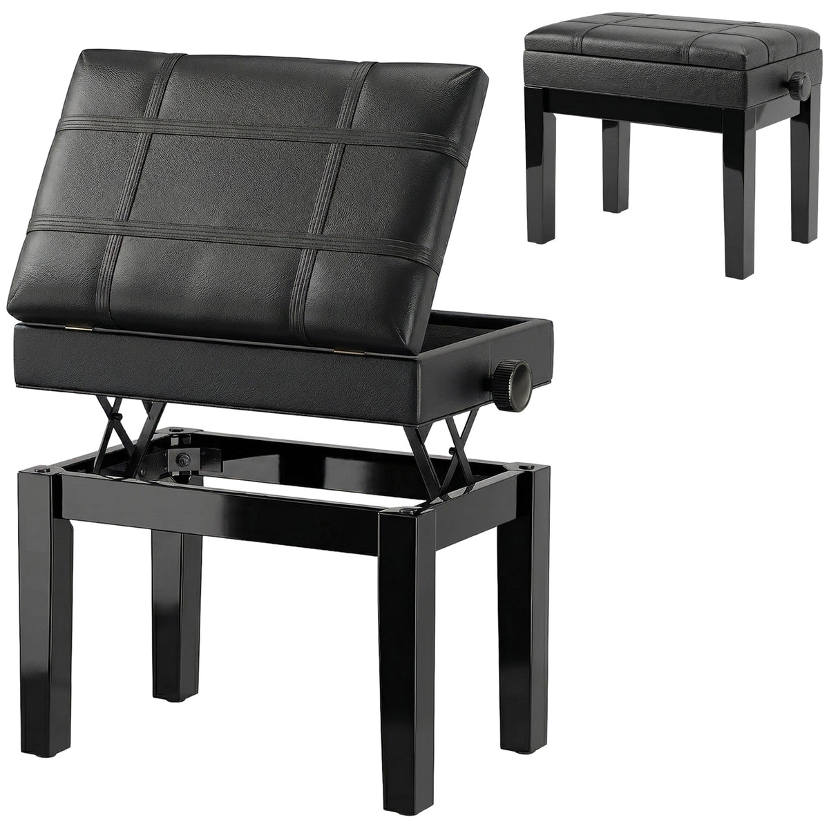 24.8" Adjustable Piano Bench with Padded Cushion and Storage, Faux Leather Keyboard Bench with Solid Wood Legs, Black
