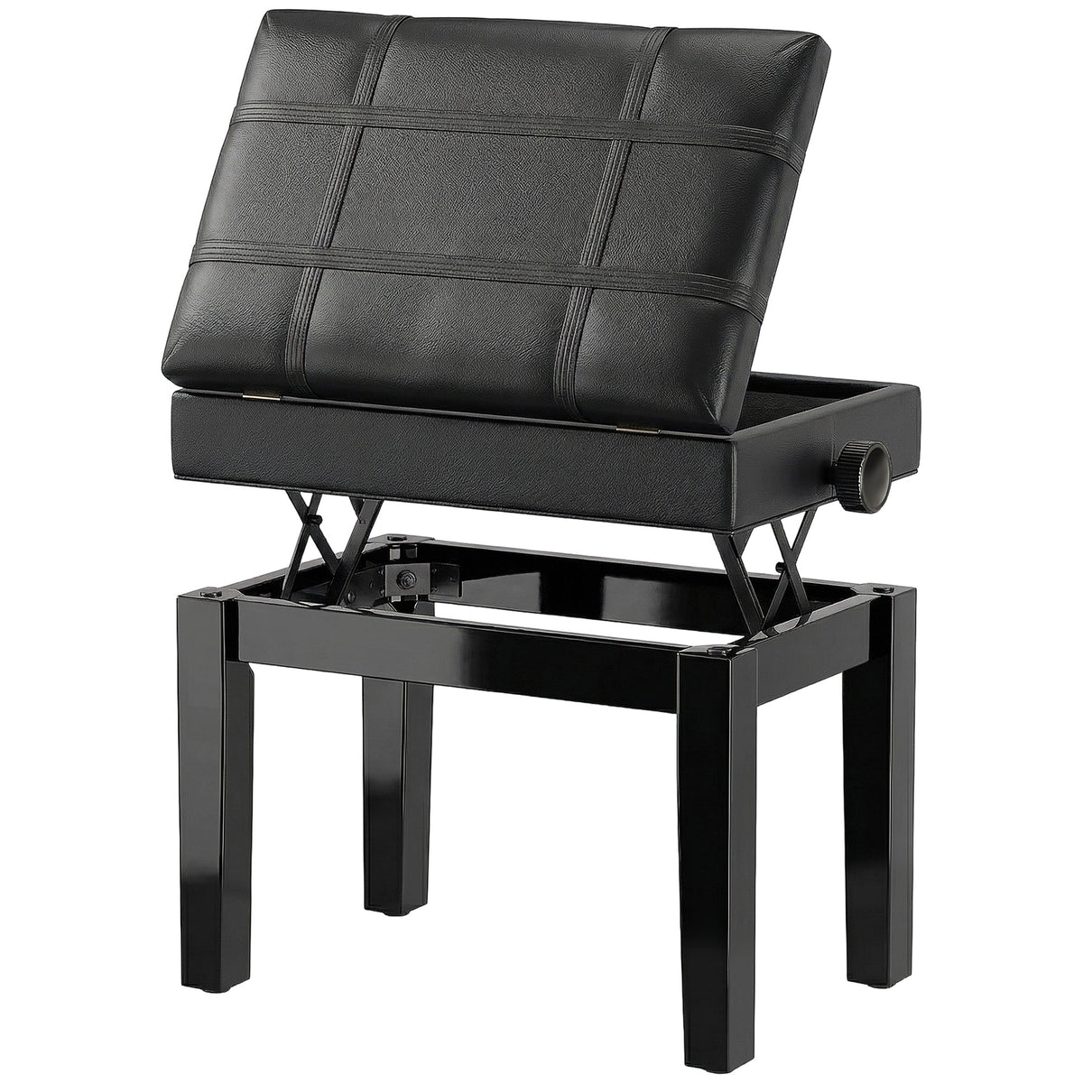 24.8" Adjustable Piano Bench with Padded Cushion and Storage, Faux Leather Keyboard Bench with Solid Wood Legs, Black
