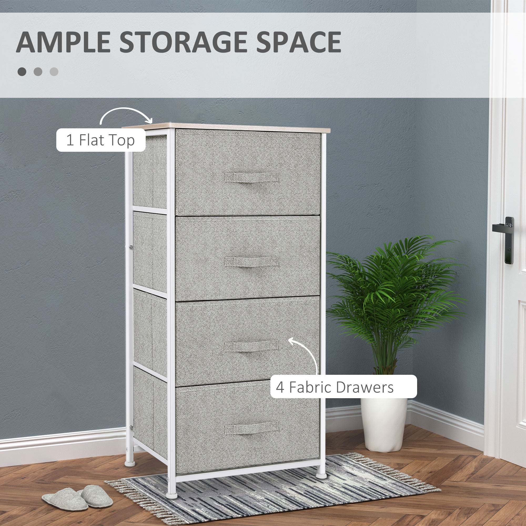 Linen Drawer Cabinet Organizer Storage Dresser Tower with 4 Removable Drawer Metal Frame Adjustable Feet for Living Room, Kitchen, Bathroom, White