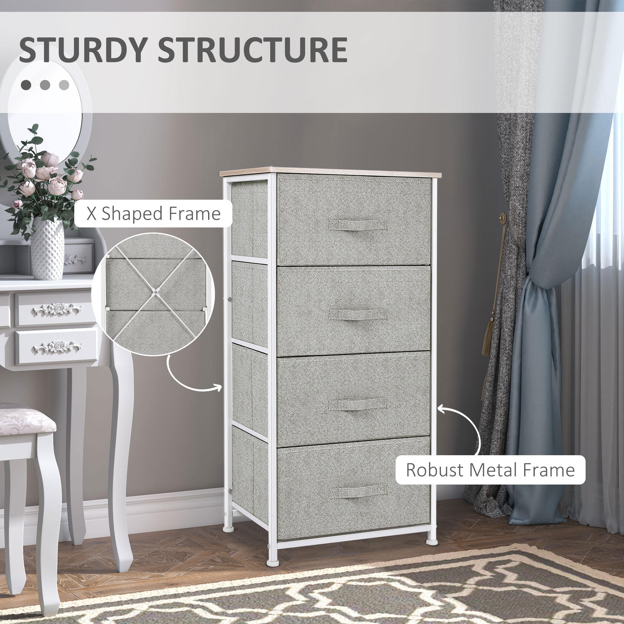 Linen Drawer Cabinet Organizer Storage Dresser Tower with 4 Removable Drawer Metal Frame Adjustable Feet for Living Room, Kitchen, Bathroom, White