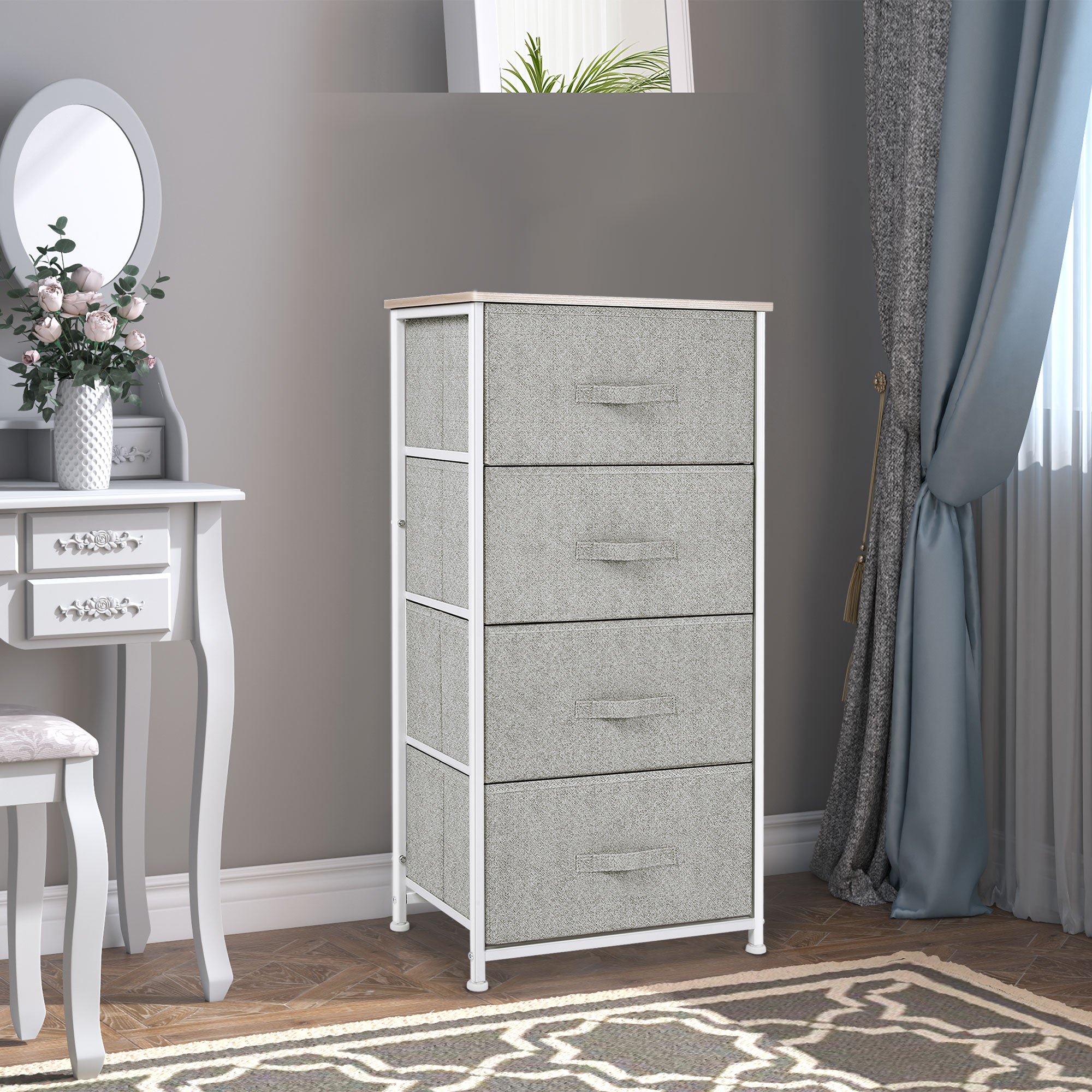 Linen Drawer Cabinet Organizer Storage Dresser Tower with 4 Removable Drawer Metal Frame Adjustable Feet for Living Room, Kitchen, Bathroom, White