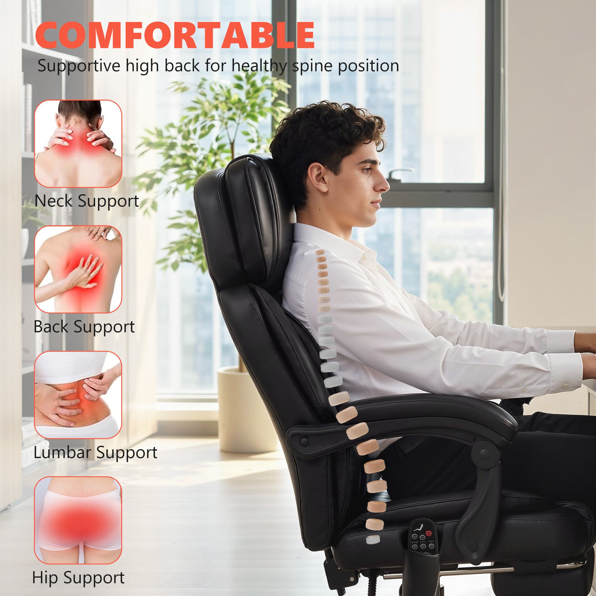 High Back Vibration Massage Office Chair, Heated Reclining PU Leather Computer Chair with Headrest, Footrest, Padded Armrests, Adjustable Height, Swivel Wheels, Remote, Black