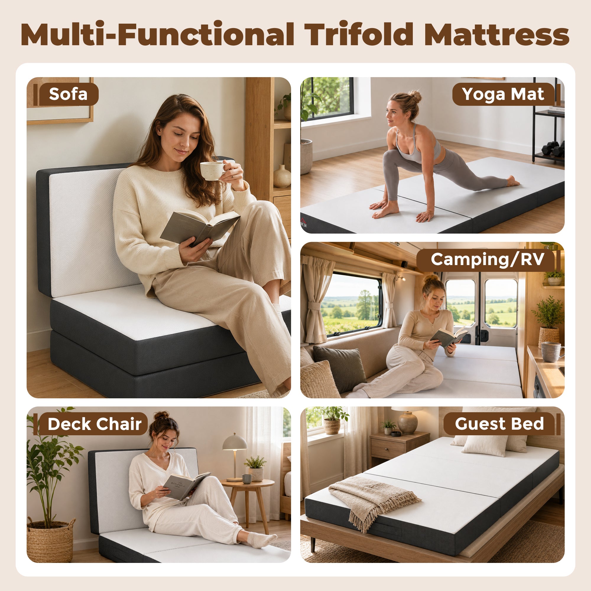 Trifold Mattress, 6 Inch Memory Foam Foldable Mattress, Twin Portable Folding Floor Bed with Washable Cover, Cooling Gel Topper for Guest, Camping, RV, Travel, Yoga, Made in USA, 75" x 38" x 6"