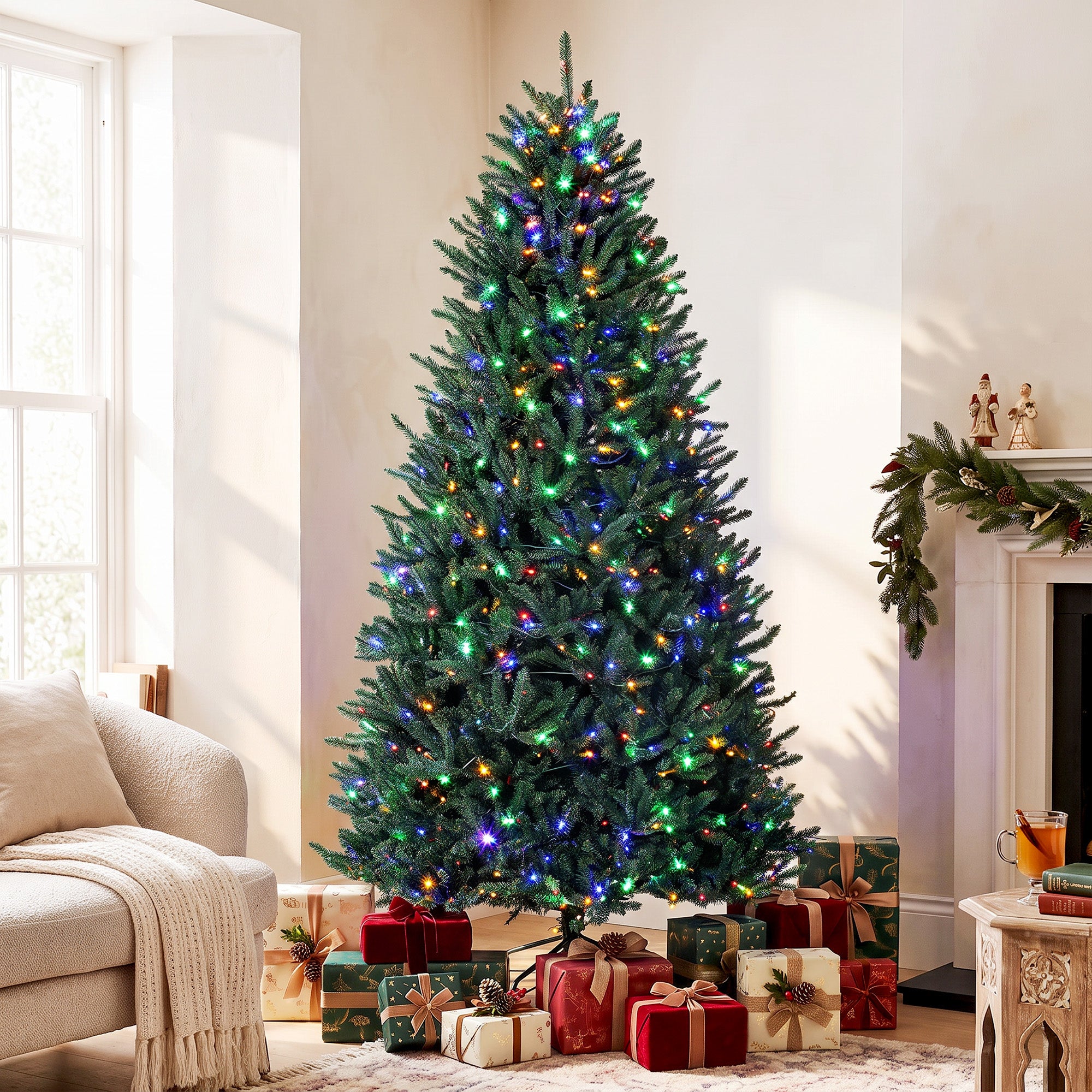 9ft Prelit Christmas Tree, Wide Colorado Blue Spruce, Easy Plug, Artificial Hinged Xmas Tree with 880 Warm White & Multi-Color LED Lights, 3409 Tips, Foldable Metal Stand for Holiday, Green