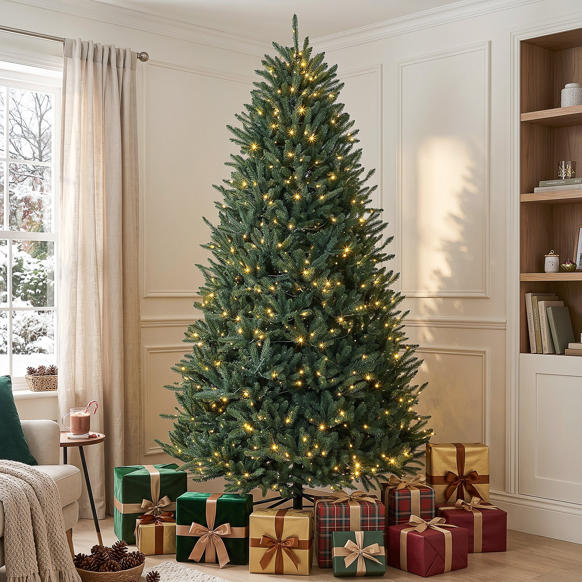 9ft Prelit Christmas Tree, Wide Colorado Blue Spruce, Easy Plug, Artificial Hinged Xmas Tree with 880 Warm White & Multi-Color LED Lights, 3409 Tips, Foldable Metal Stand for Holiday, Green
