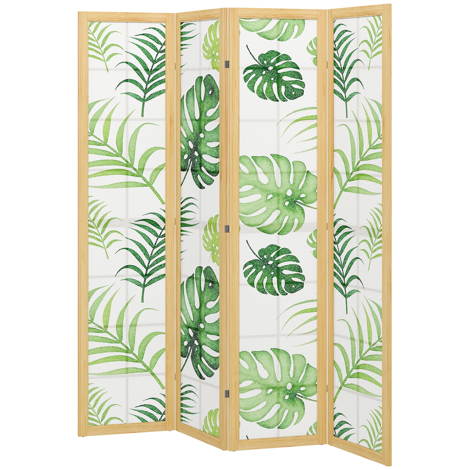 4 Panel Room Divider, 67" Boho Folding Privacy Screen with Tropical Palm Leaf Design, Freestanding Pine Wood Partition for Living Room Bedroom Office, Natural and Green