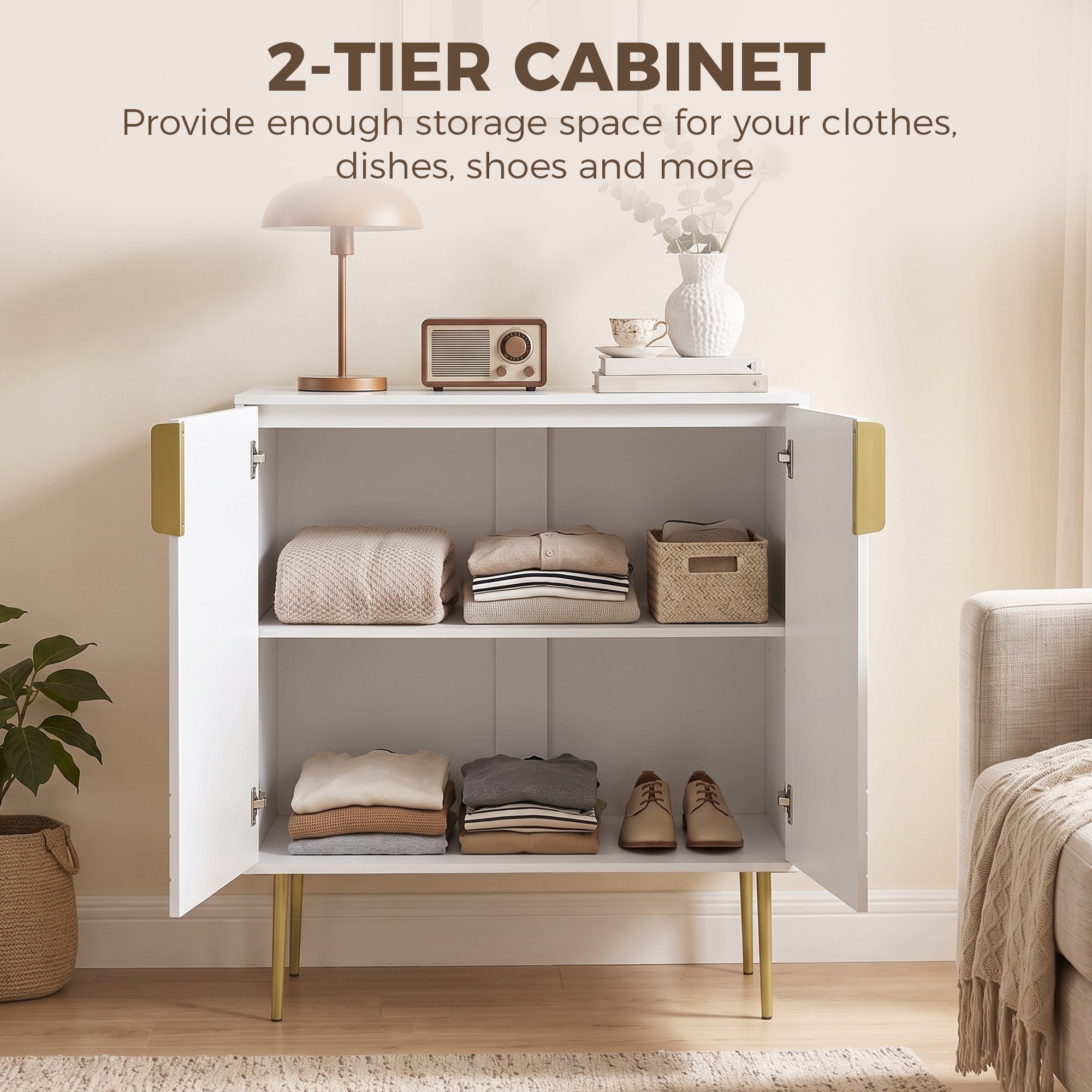 Storage Cabinet, Modern Kitchen Cupboard with 2 Doors, Adjustable Shelf and Metal Legs, Freestanding Sideboard for Living Room, Dining Room, Hallway, White