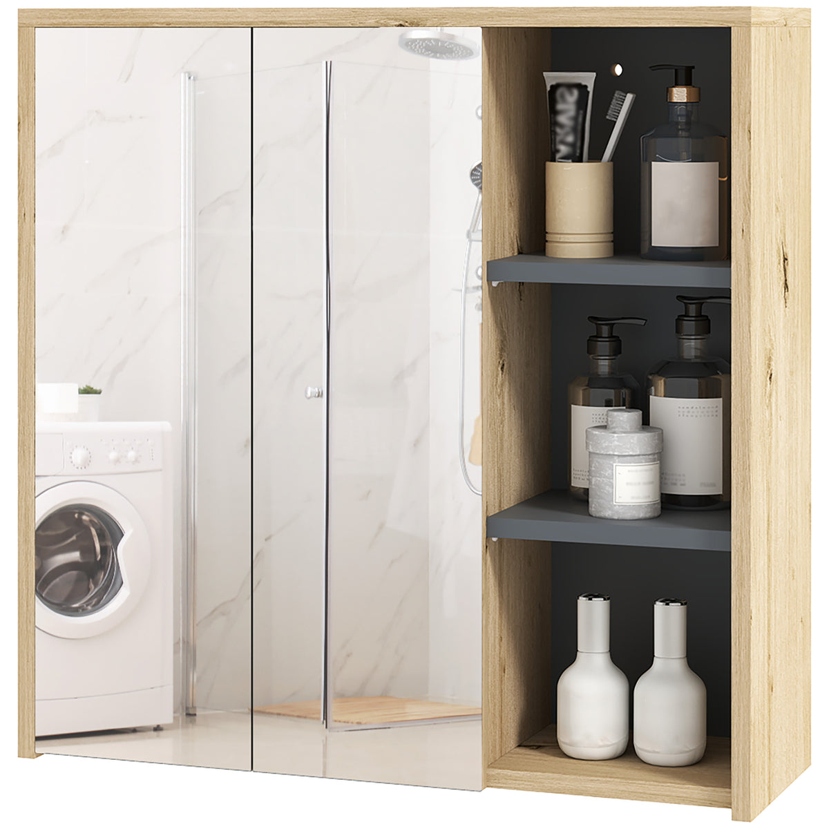 Bathroom Medicine Cabinet with Mirror, Wall Mount Mirror Cabinet with Open Shelves, 2 Soft-Close Doors, Bathroom Storage Organizer, Natural