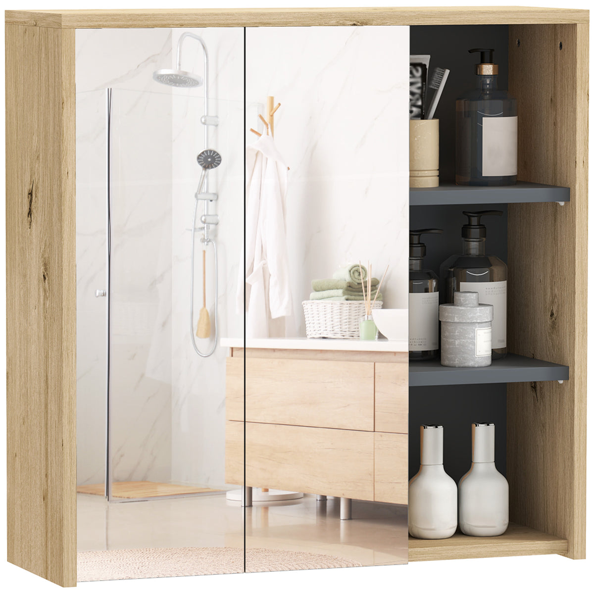 Bathroom Medicine Cabinet with Mirror, Wall Mount Mirror Cabinet with Open Shelves, 2 Soft-Close Doors, Bathroom Storage Organizer, Natural