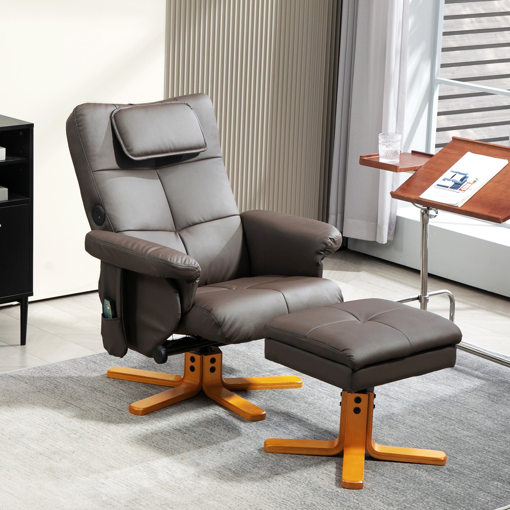 HOMCOM Massage Recliner Chair with Footstool, Upholstered Armchair with Adjustable Backrest, Remote Control, Hidden Storage and Charger for Living Room, Bedroom, Dark Brown