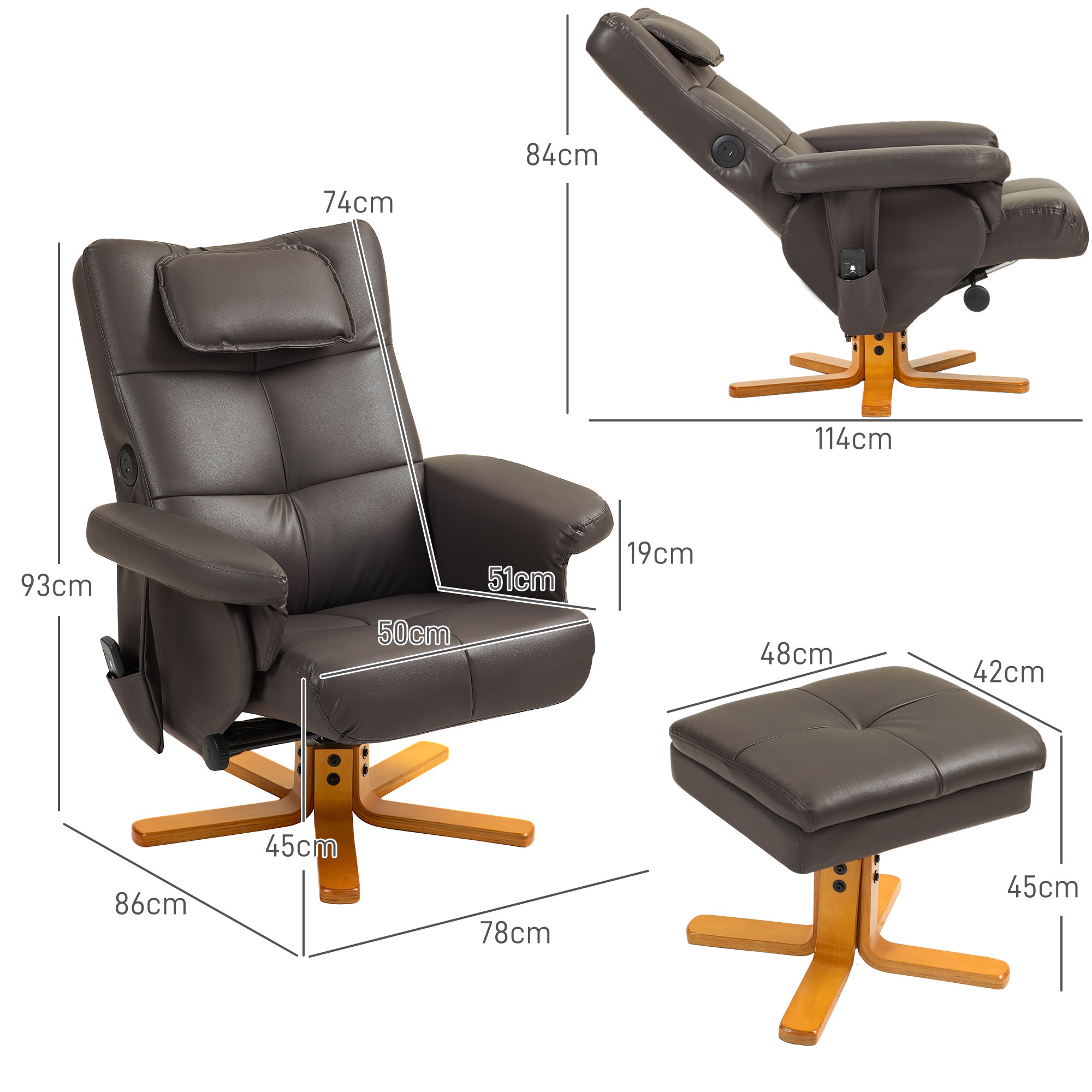 HOMCOM Massage Recliner Chair with Footstool, Upholstered Armchair with Adjustable Backrest, Remote Control, Hidden Storage and Charger for Living Room, Bedroom, Dark Brown