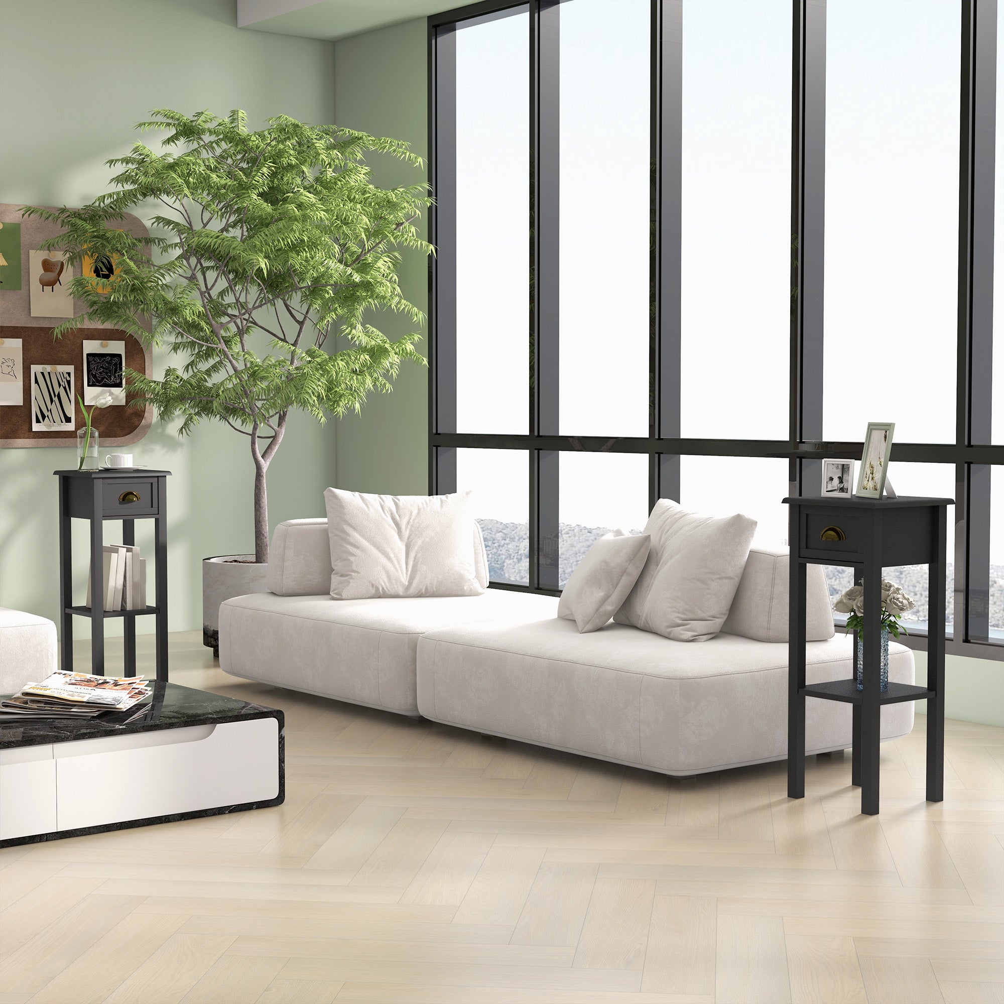 2 Tier Side Tables Set of 2 with Drawer and Shelf 2 Pieces End Tables for Living Room Black - HOMCOM