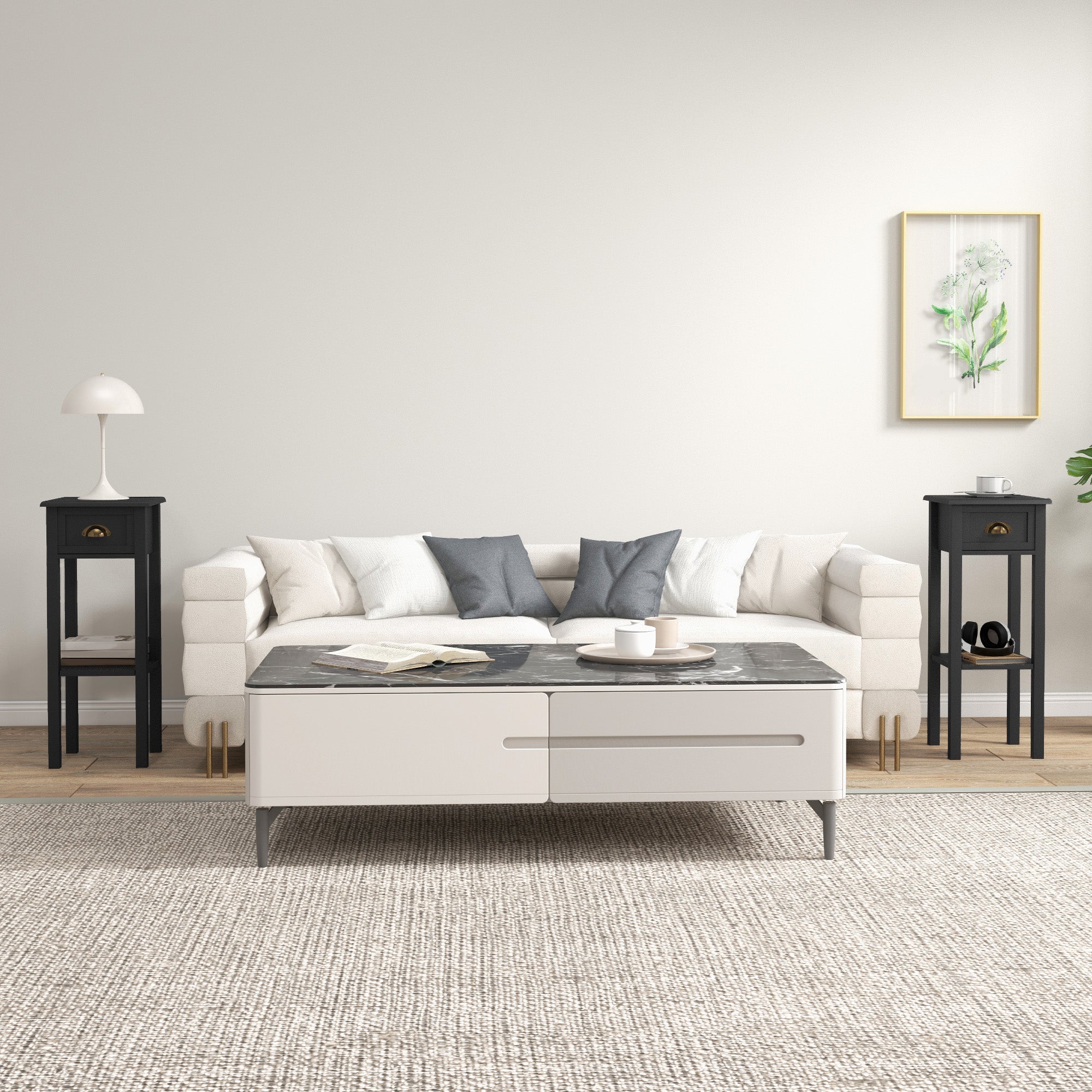 2 Tier Side Tables Set of 2 with Drawer and Shelf 2 Pieces End Tables for Living Room Black - HOMCOM