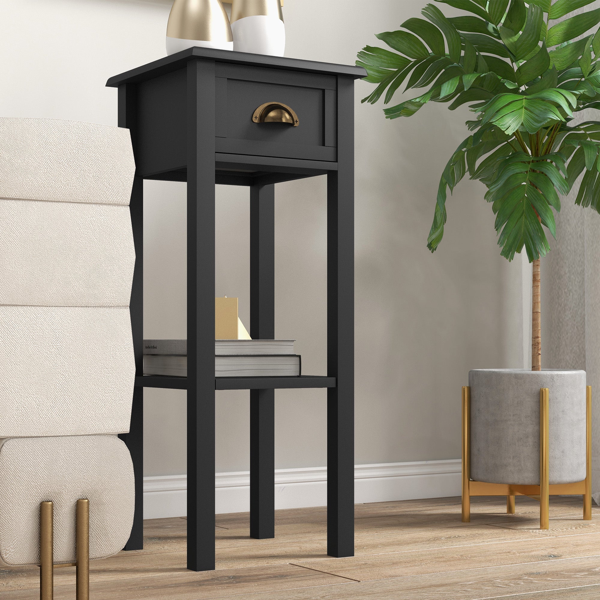 2 Tier Side Tables Set of 2 with Drawer and Shelf 2 Pieces End Tables for Living Room Black - HOMCOM