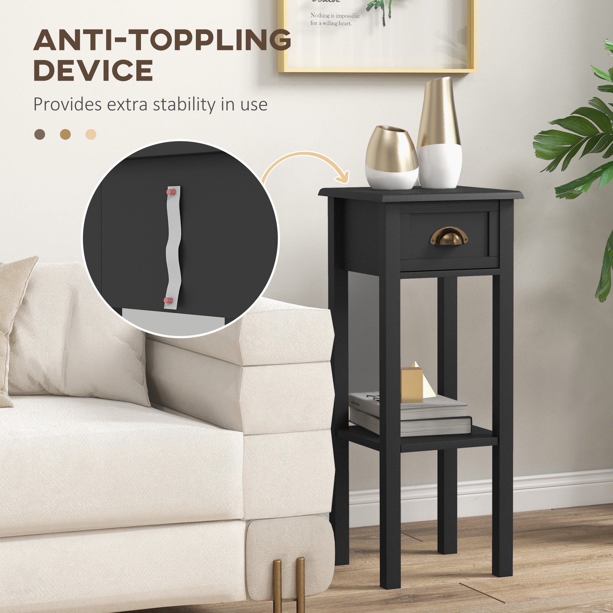 2 Tier Side Tables Set of 2 with Drawer and Shelf 2 Pieces End Tables for Living Room Black - HOMCOM