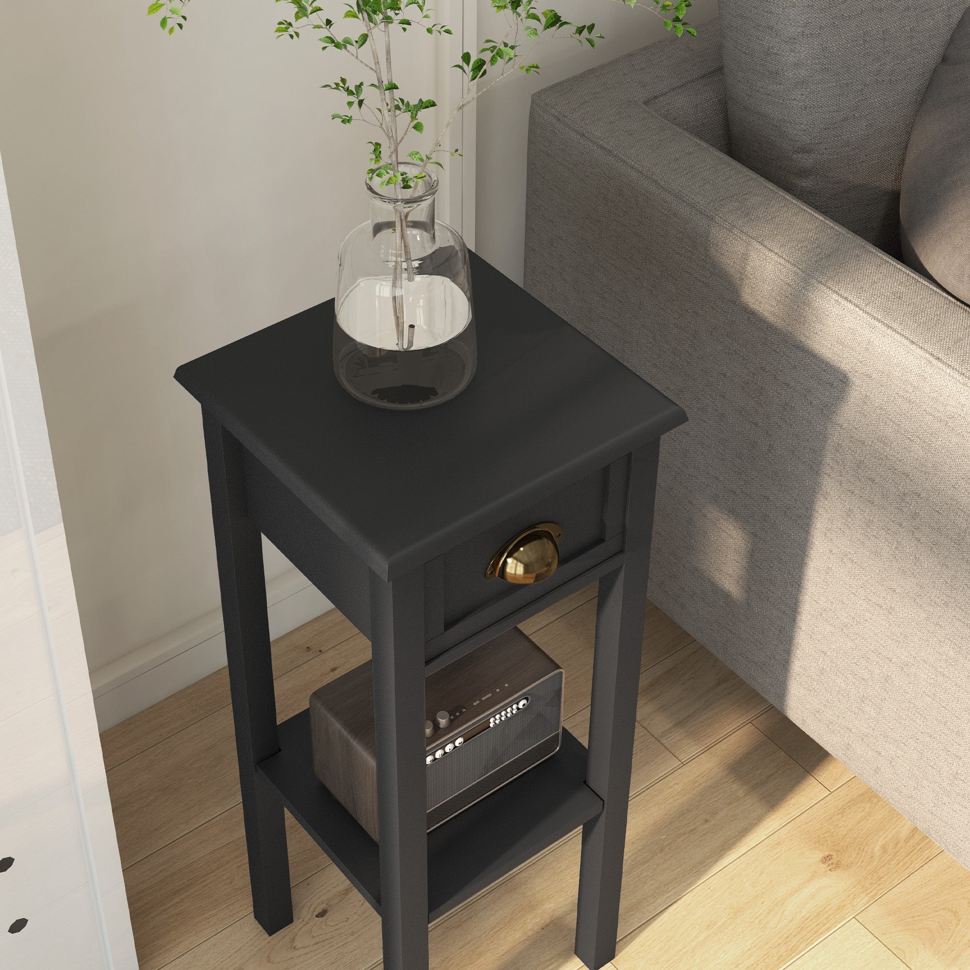 2 Tier Side Tables Set of 2 with Drawer and Shelf 2 Pieces End Tables for Living Room Black - HOMCOM