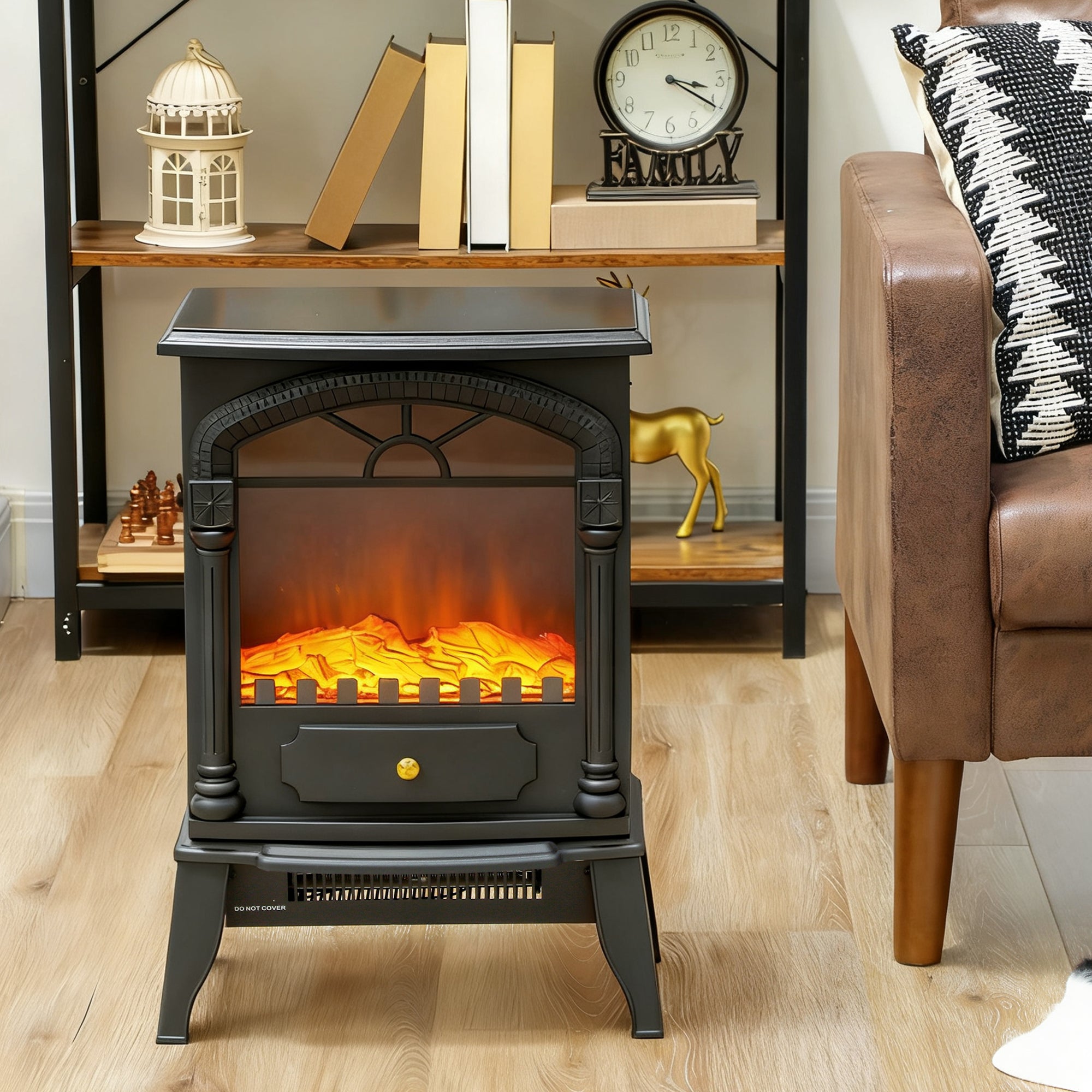 Electric Fireplace Stove Heater with 3D Flame Effect, 2000W/1000W, Freestanding Portable Fireplace with Adjustable Thermostat, 2 Heat Settings for Living Room, Black