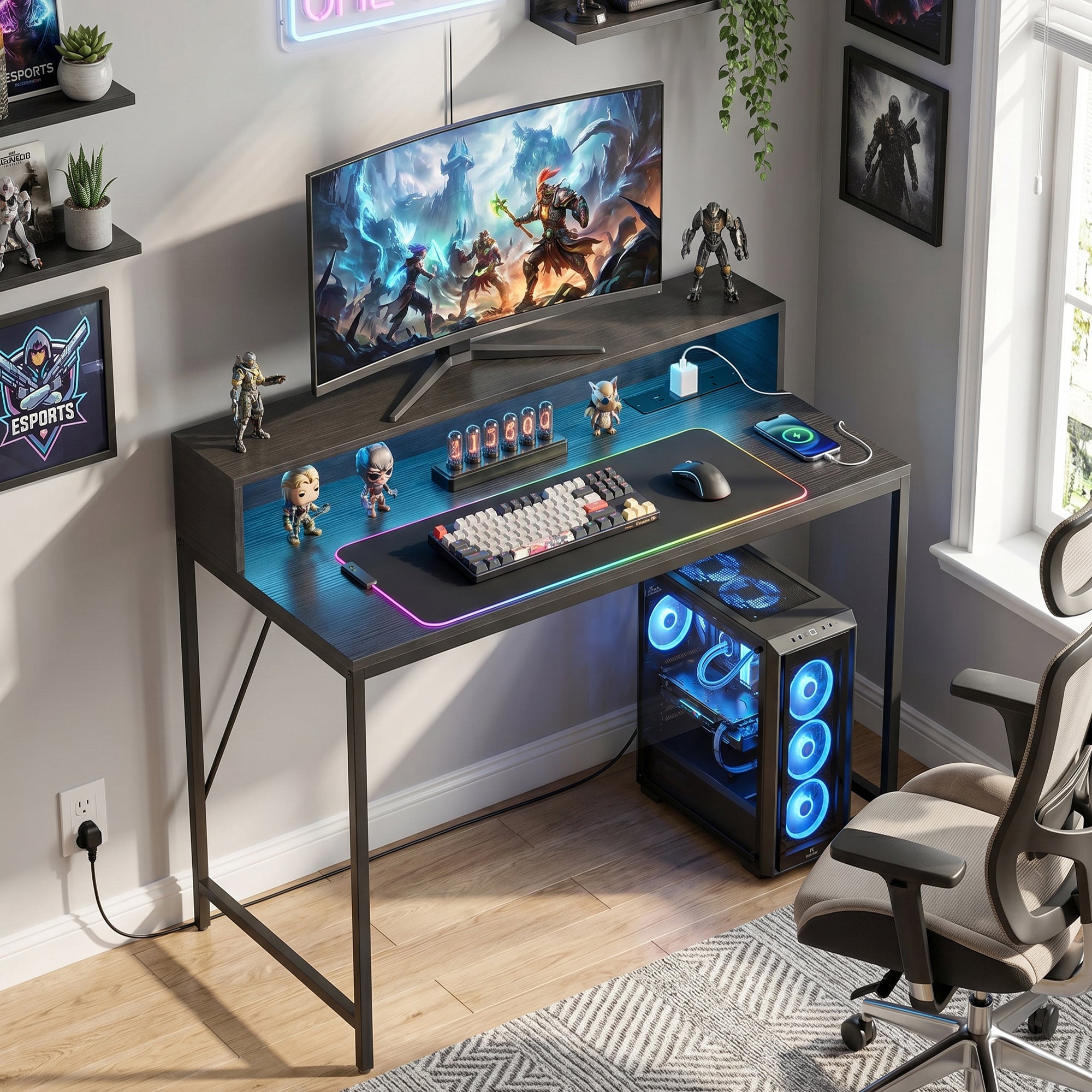 100cm Computer Desk with LED Lights and Power Outlets, Gaming Desk with Monitor Stand, Computer Table with Remote for Home Office Study, Black Wood-Effect