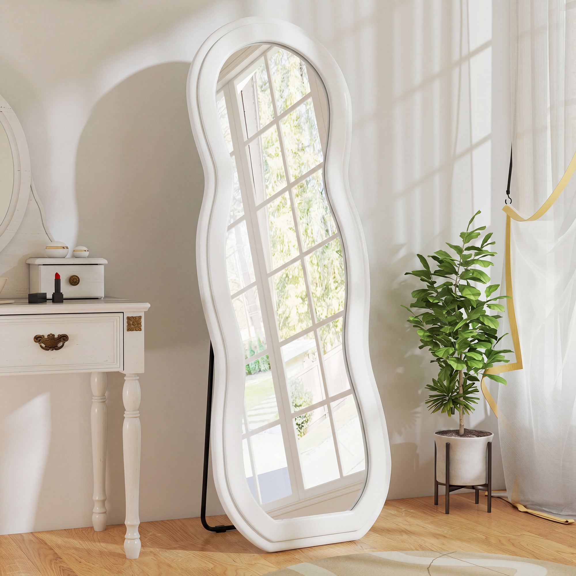 64" x 24" Full Length Mirror, Standing Floor Mirror Hanging or Wall Mount, with Arched Wavy Velvet Frame for Bedroom, Living Room, White