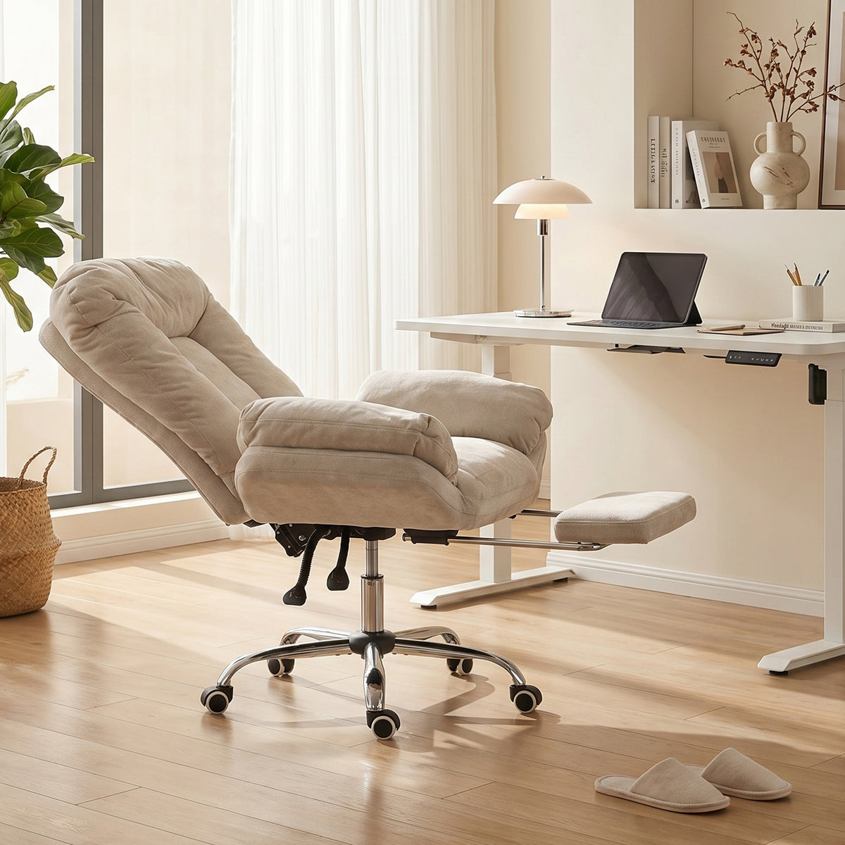 Criss Cross Office Chair with Footrest, Swivel Wheels, Wide Task Desk Chair with Overstuffed Reclining Backrest, Waterfall Arms, Adjustable Height, Cross Legged, Light Grey