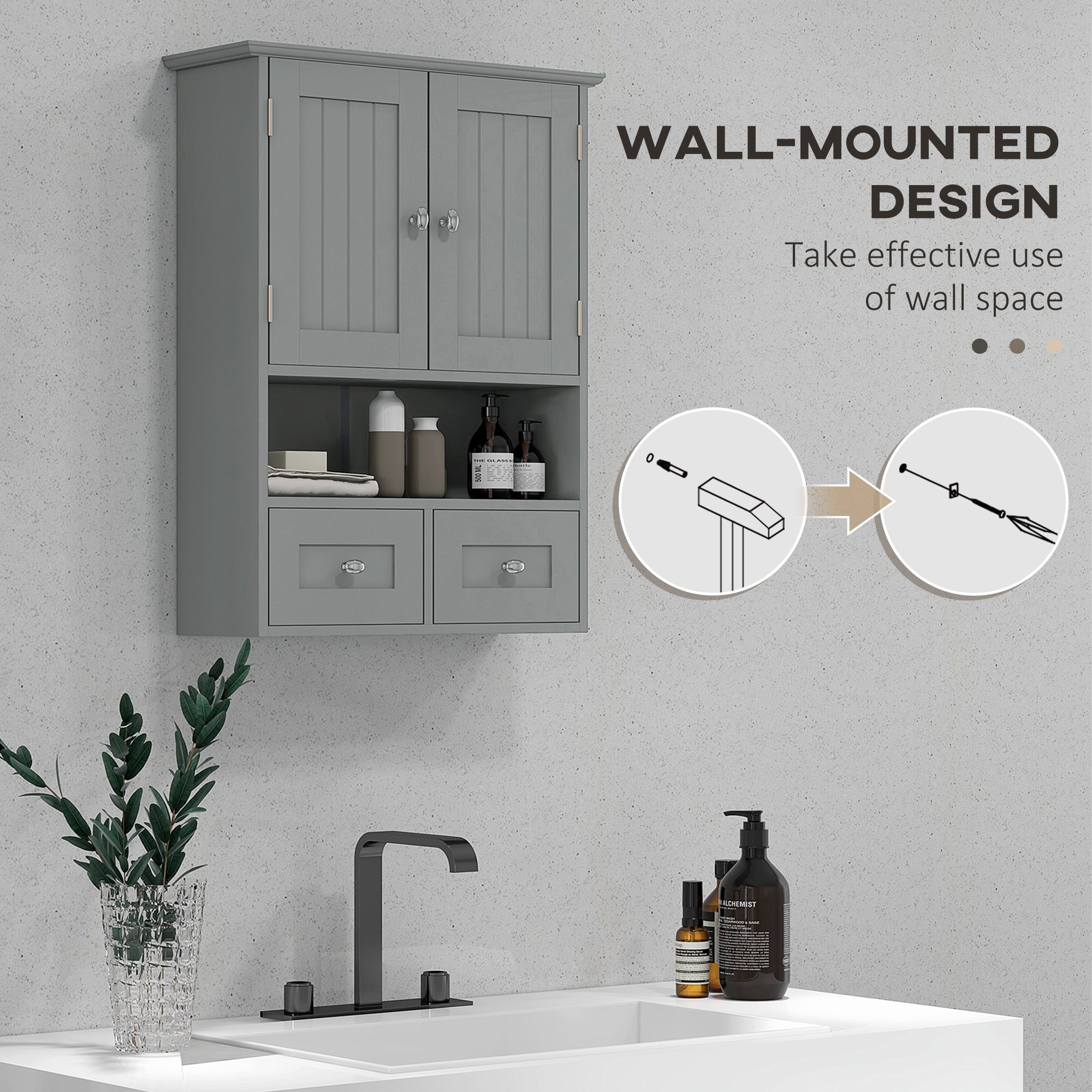 kleankin Bathroom Wall Cabinet, Medicine Cabinet, Over Toilet Storage Cabinet with Shelf and Drawers for Hallway, Living Room, Grey