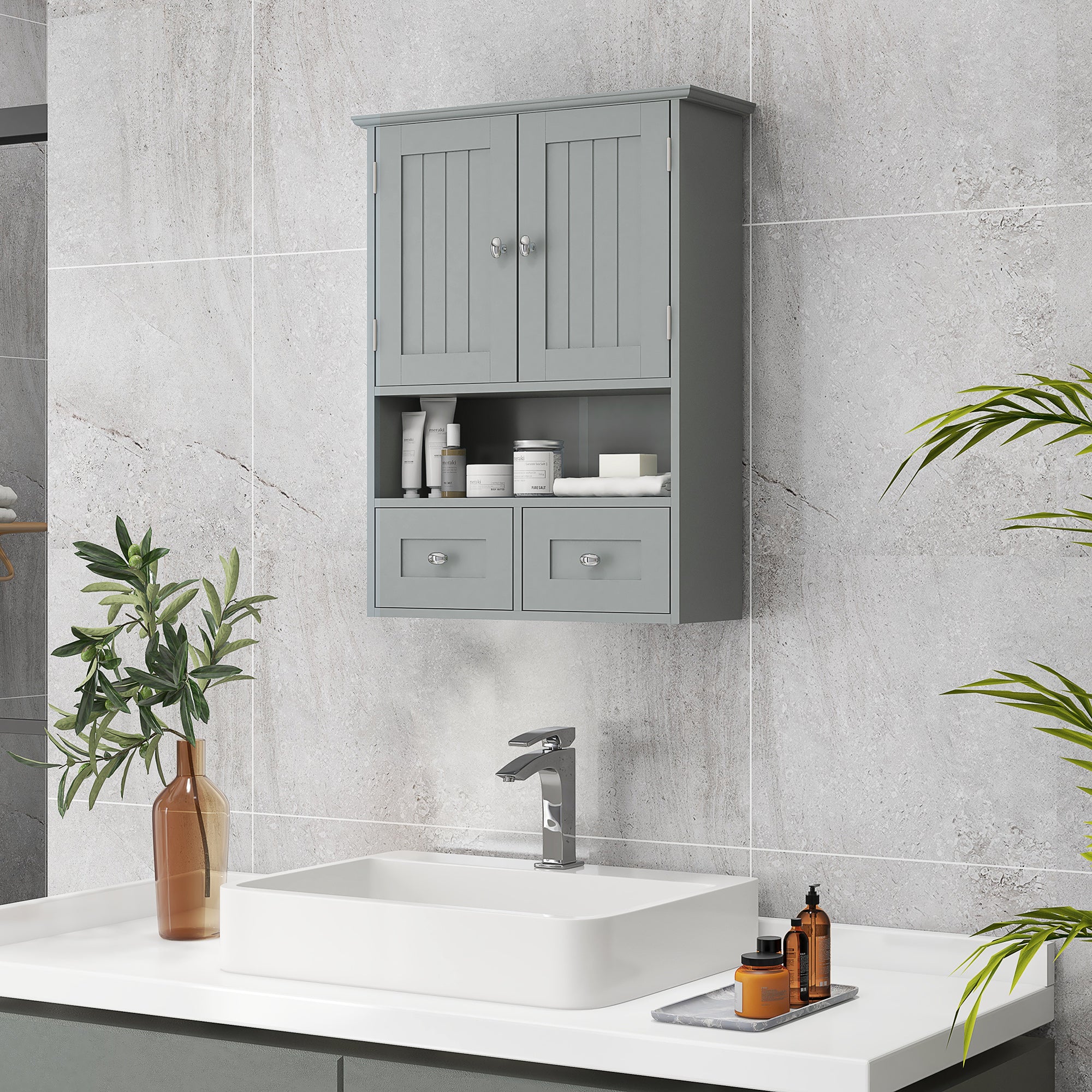 kleankin Bathroom Wall Cabinet, Medicine Cabinet, Over Toilet Storage Cabinet with Shelf and Drawers for Hallway, Living Room, Grey