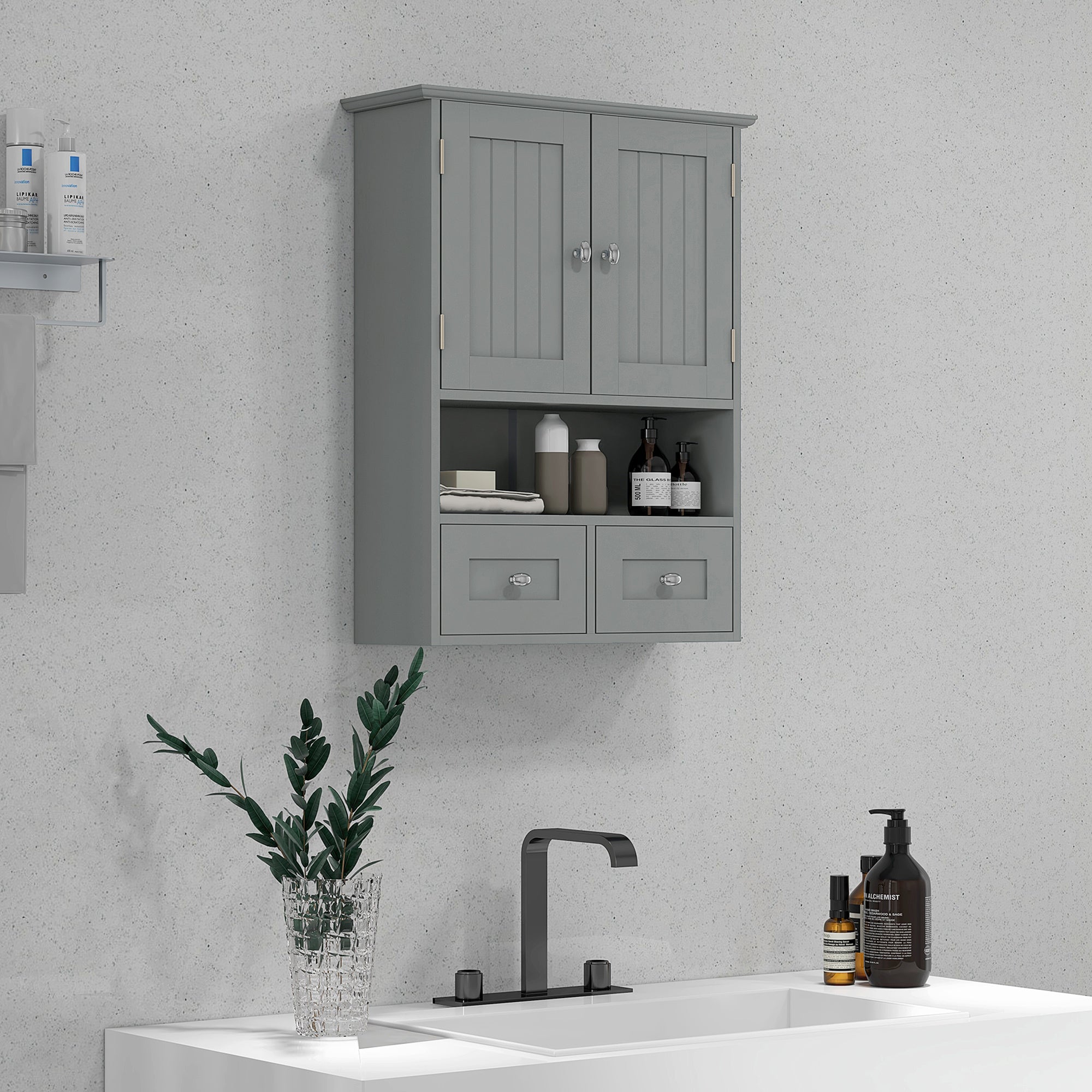 kleankin Bathroom Wall Cabinet, Medicine Cabinet, Over Toilet Storage Cabinet with Shelf and Drawers for Hallway, Living Room, Grey