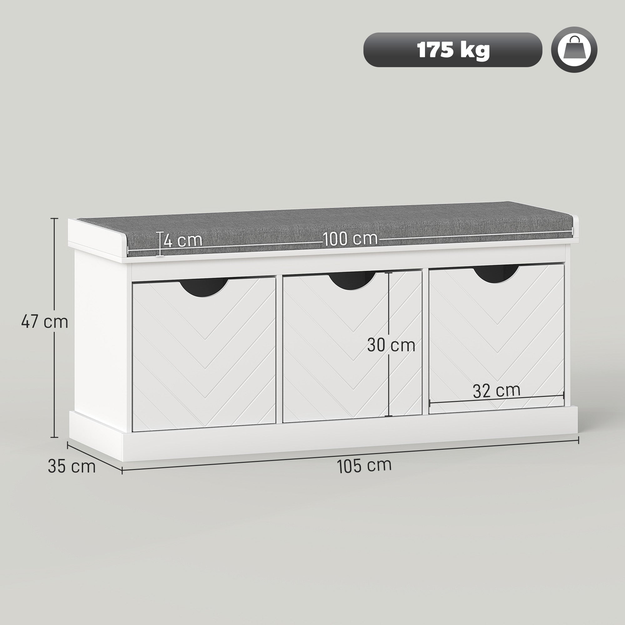 Shoe Bench, Linen-Look Shoe Storage Bench with 3 Removable Drawers and Padded Seat Cushion for Entryway, Hallway, Living Room, White