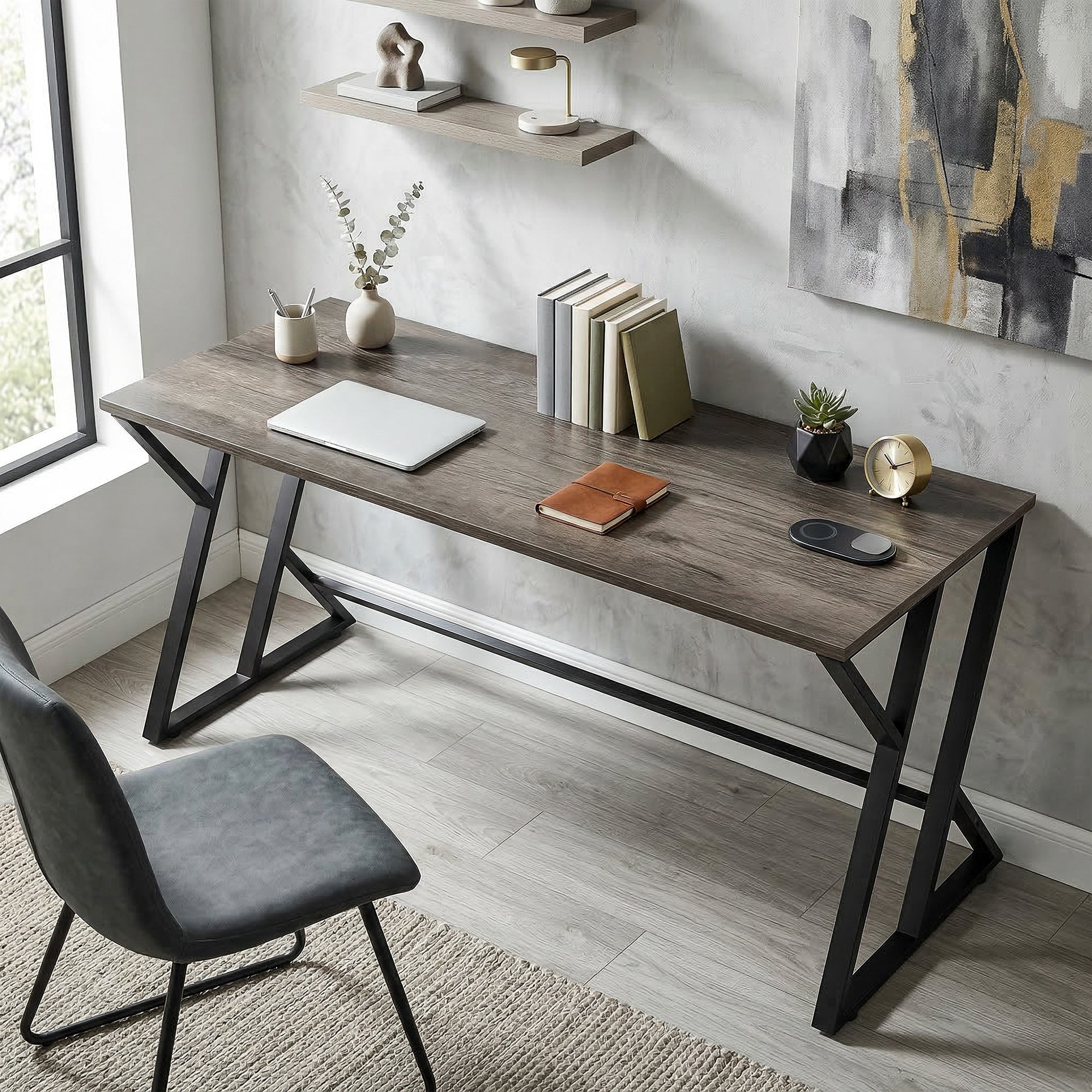 55 Inch Computer Desk, Industrial Writing Desk with Z-Shaped Metal Leg, Study Table for Home Office, Bedroom, Small Spaces, Distressed Gray