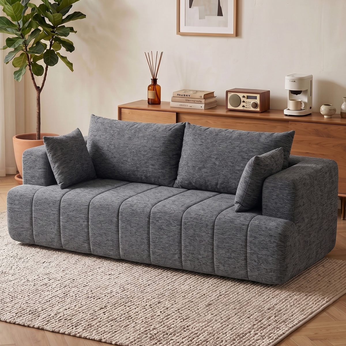 3 Seater Sofa, Chenille Boneless Cloud Couch with Thick Spring Cushion, Wide and Deep Seat, Wide Armrests, 2 Pillows, Anti-Slip Bottom, Modern Sofa Settee for Living Room, Grey