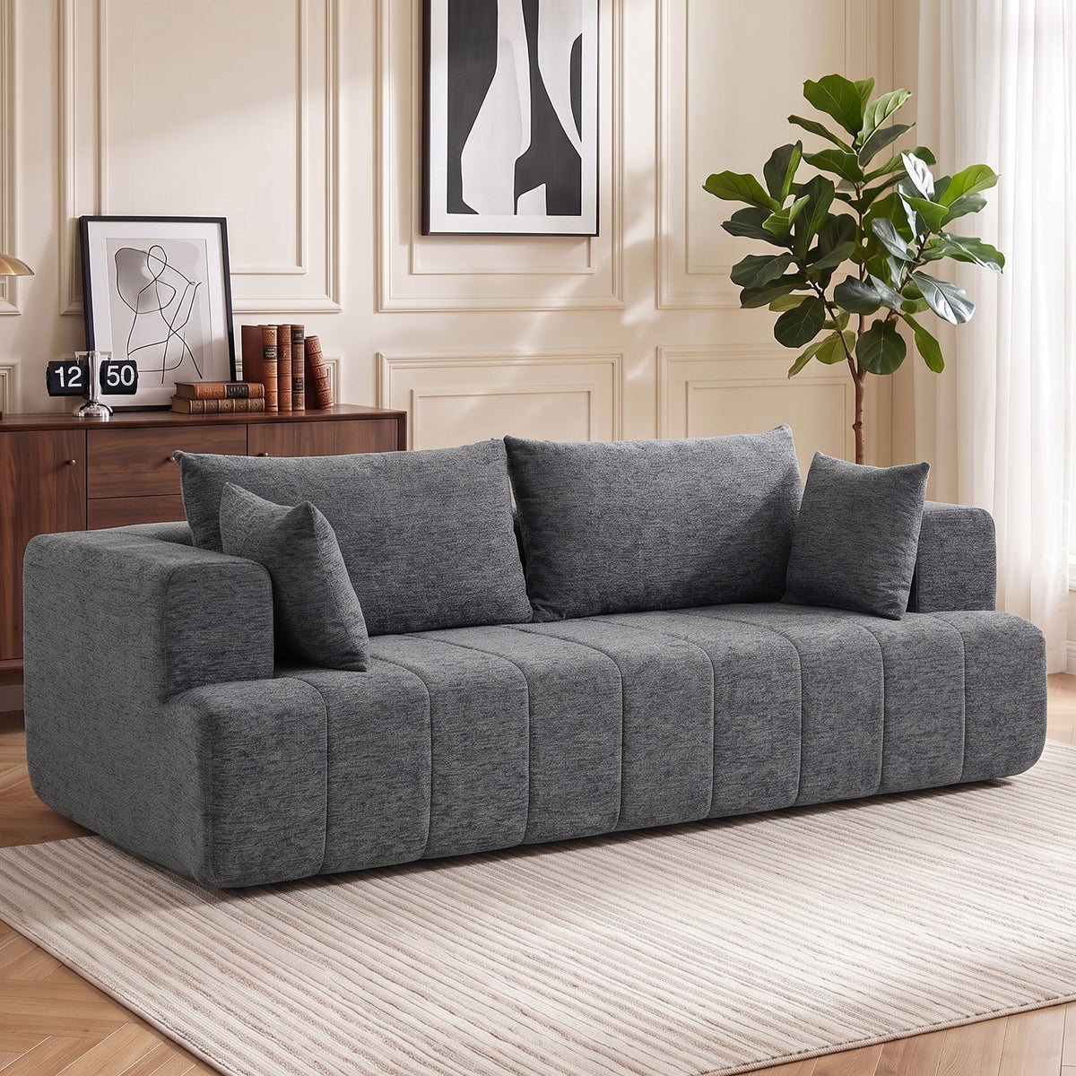 3 Seater Sofa, Chenille Boneless Cloud Couch with Thick Spring Cushion, Wide and Deep Seat, Wide Armrests, 2 Pillows, Anti-Slip Bottom, Modern Sofa Settee for Living Room, Grey