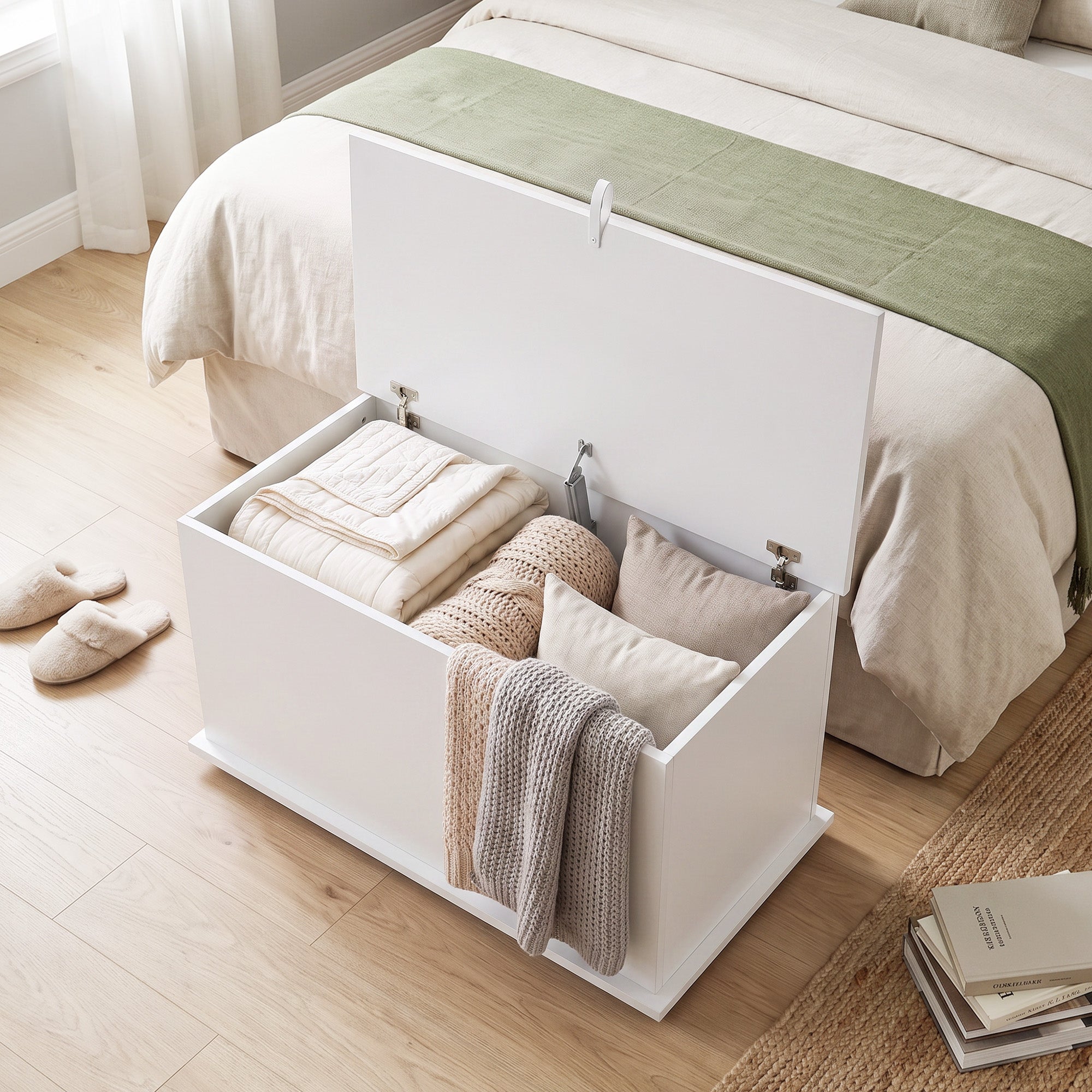 Storage Chest, Large 102L Blanket Box, Shoe Bench with Safety Hinged Lid, Storage Trunk, Bed End Bench for Bedroom, Hallway, Living room, Playroom, 80 x 40 x 45cm, White