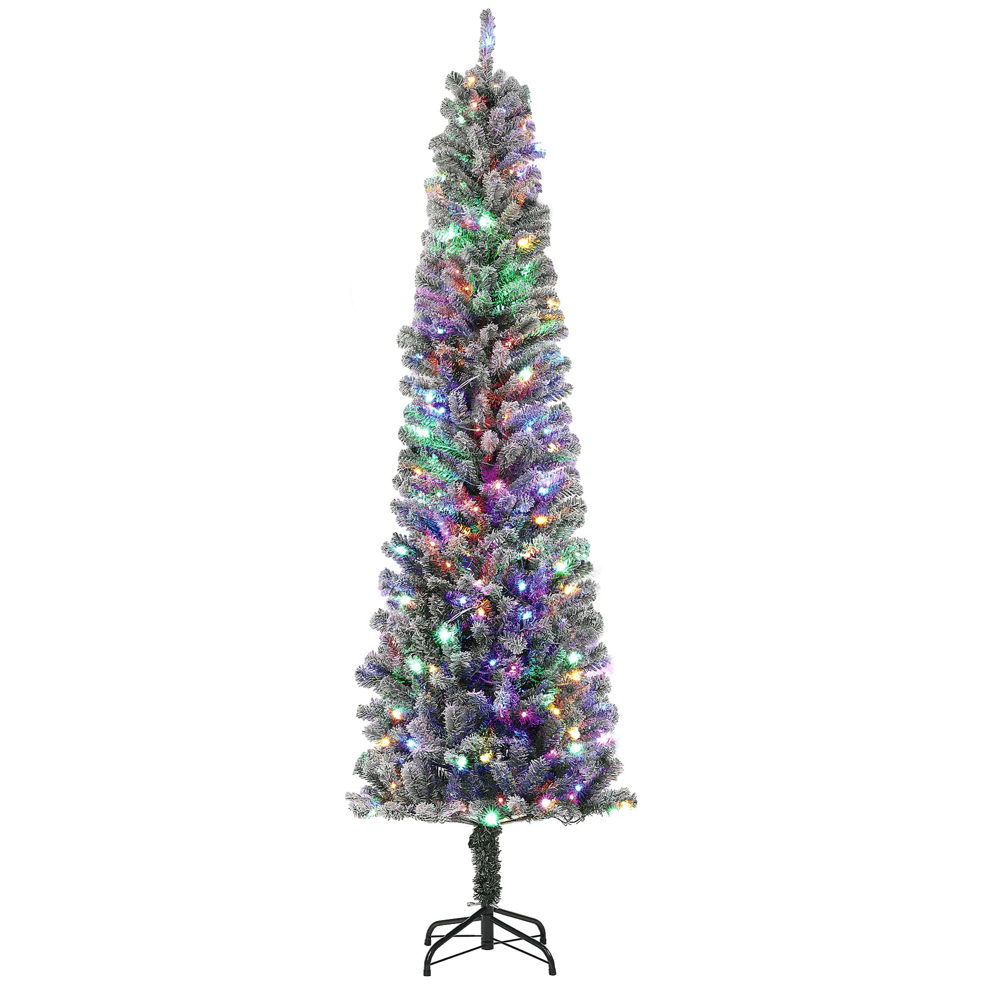7.5ft Pre-Lit Pencil Christmas Tree with Remote, Adjustable Brightness, Artificial Christmas Tree with 220 Dual Colour LEDs, 519 Tips, Metal Stand, Flocked Xmas Tree, Green