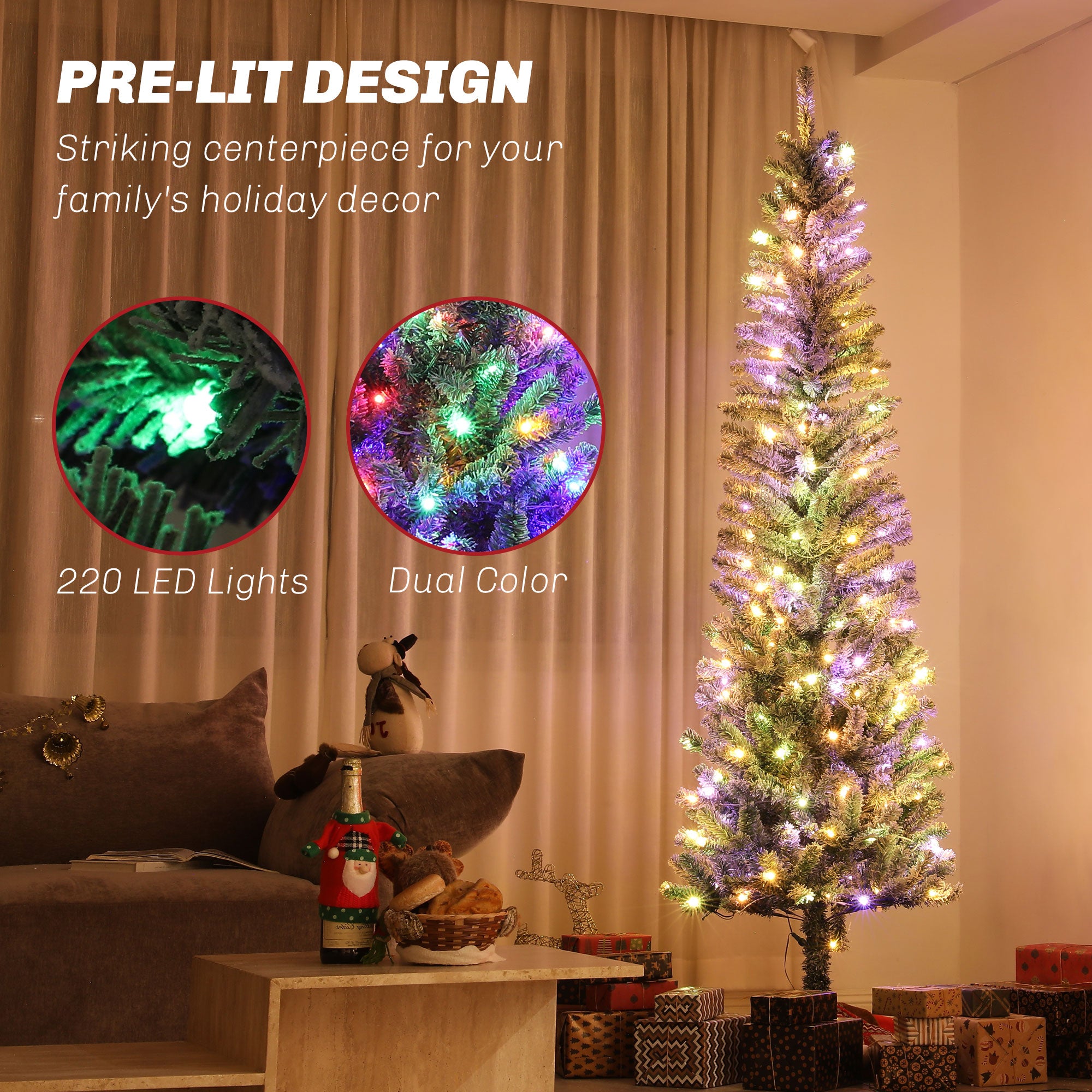 7.5ft Pre-Lit Pencil Christmas Tree with Remote, Adjustable Brightness, Artificial Christmas Tree with 220 Dual Colour LEDs, 519 Tips, Metal Stand, Flocked Xmas Tree, Green