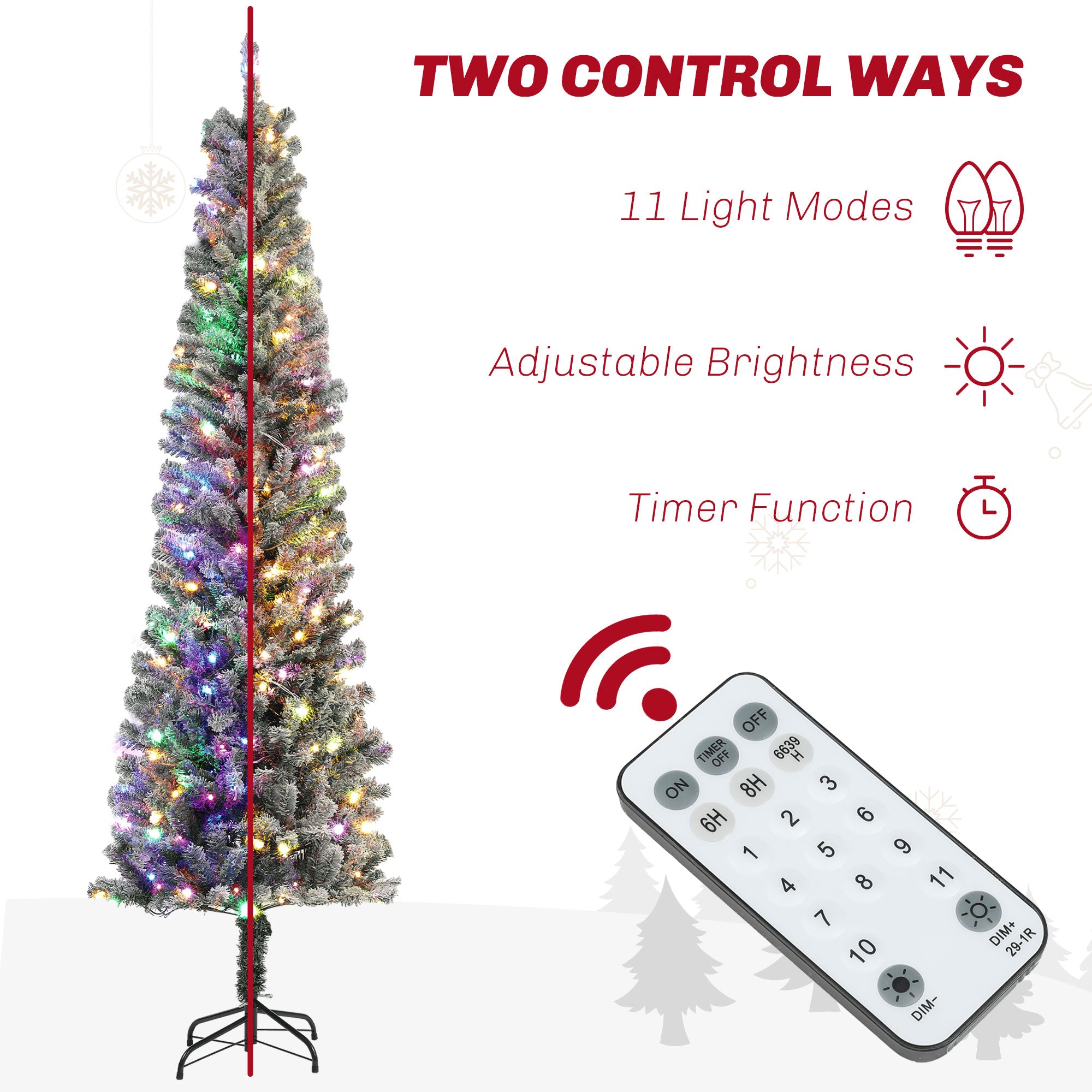 7.5ft Pre-Lit Pencil Christmas Tree with Remote, Adjustable Brightness, Artificial Christmas Tree with 220 Dual Colour LEDs, 519 Tips, Metal Stand, Flocked Xmas Tree, Green