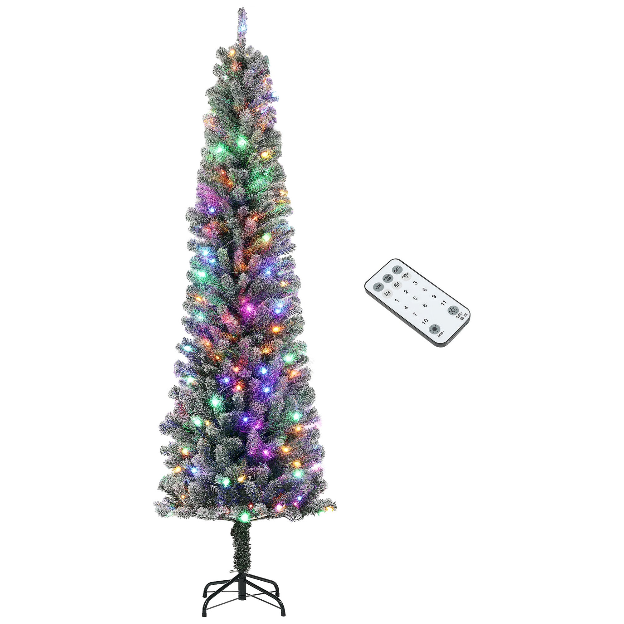 7.5ft Pre-Lit Pencil Christmas Tree with Remote, Adjustable Brightness, Artificial Christmas Tree with 220 Dual Colour LEDs, 519 Tips, Metal Stand, Flocked Xmas Tree, Green