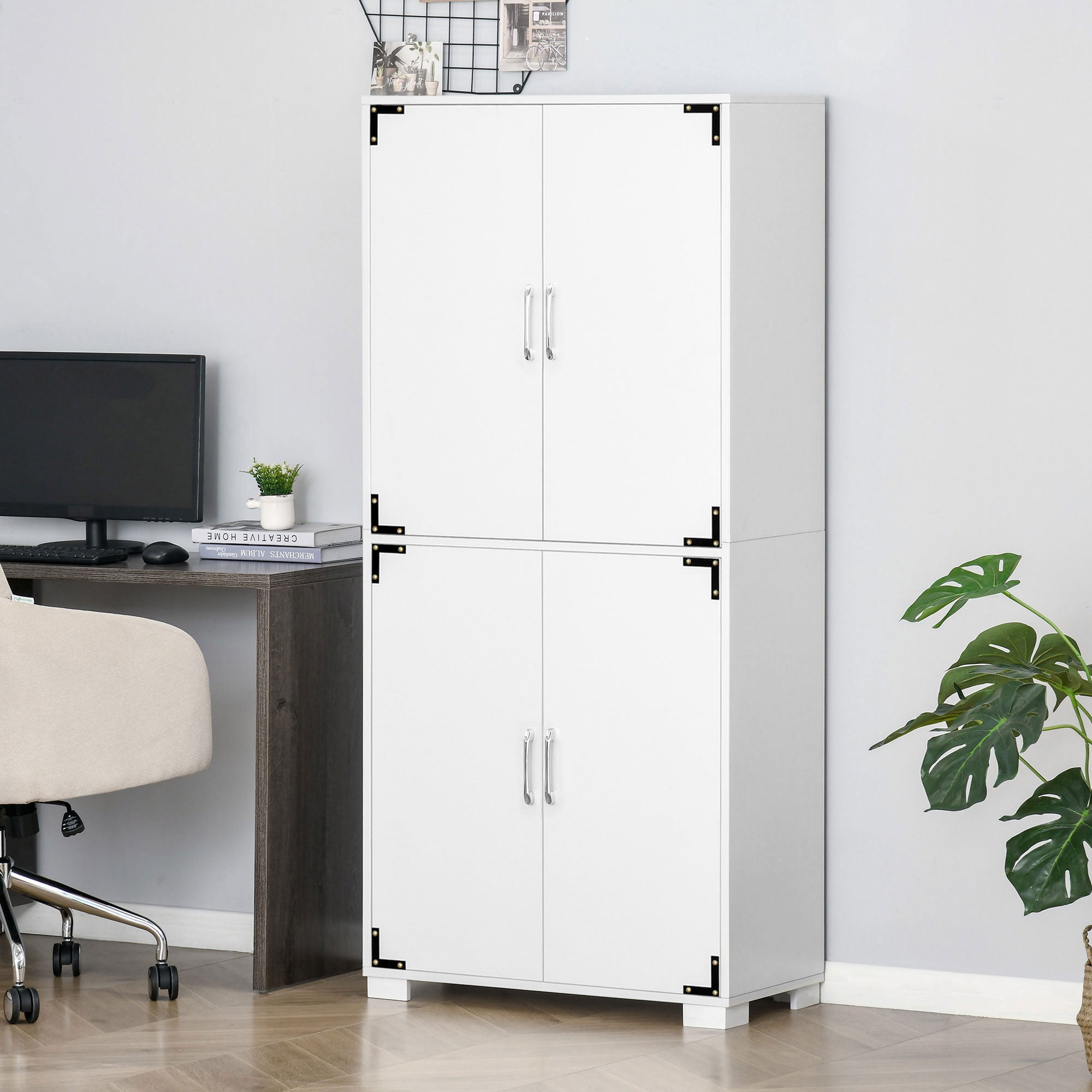 Industrial Kitchen Pantry Cabinet with 4 Doors and Storage Shelves, White